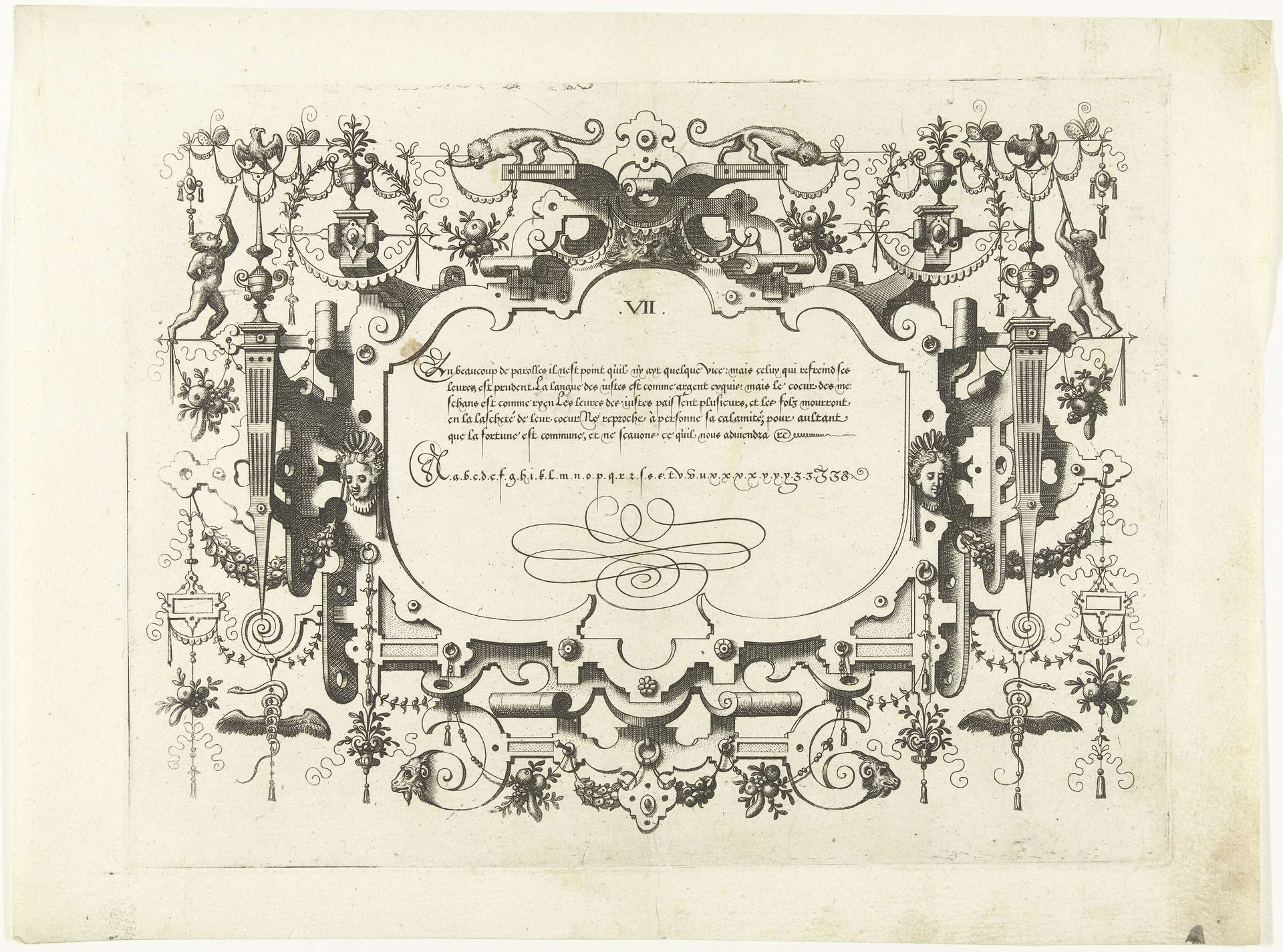 Cartouche met kalligrafie, erboven twee apen met een guirlande by Johannes of Lucas van Doetechum