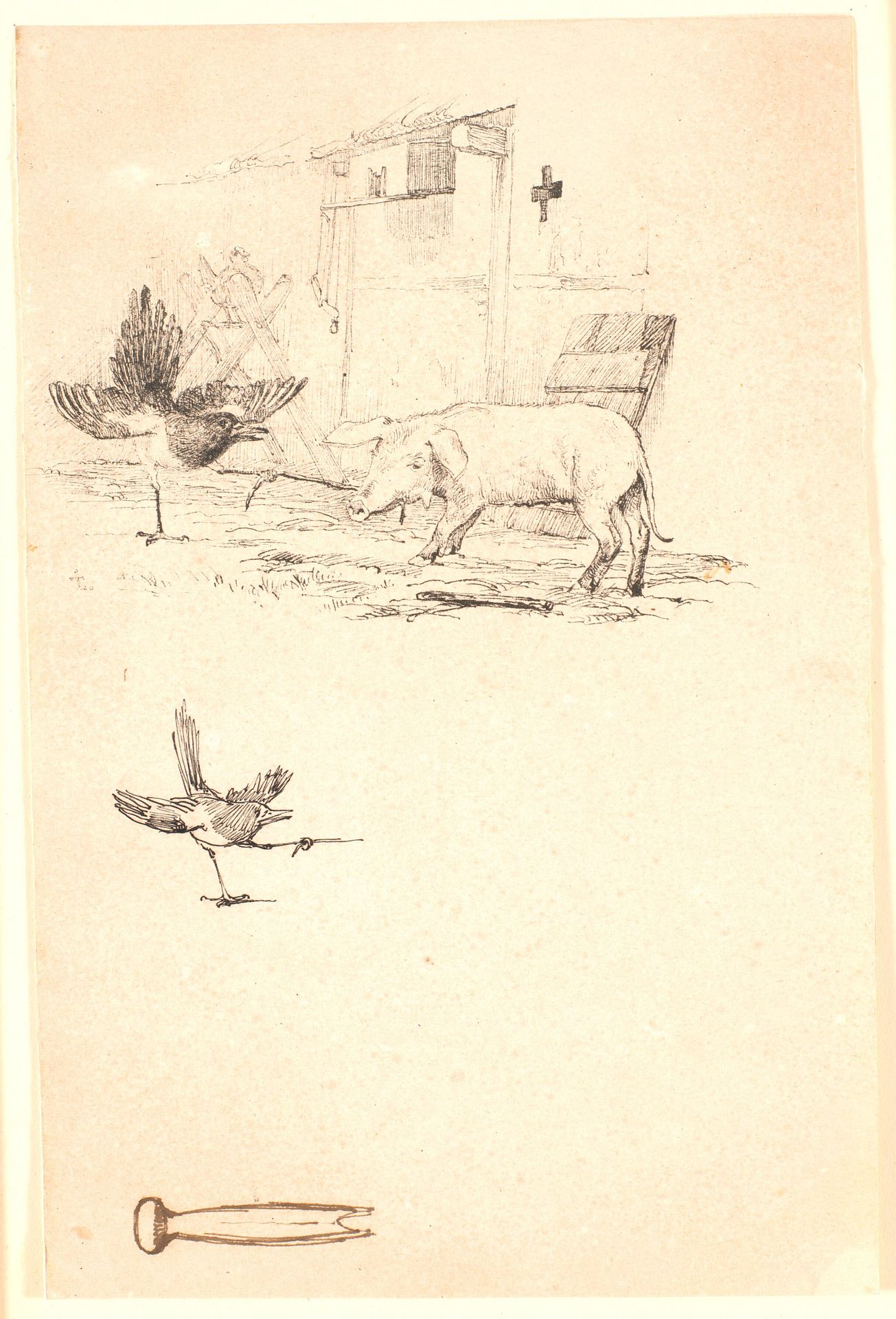 Storken og grisen. Nedenunder studie af skaden og et stykke værktøj. Illustration til Kaalunds "Fabler for Børn". Se kommentar fra arkkatalog. by Johan Thomas Lundbye