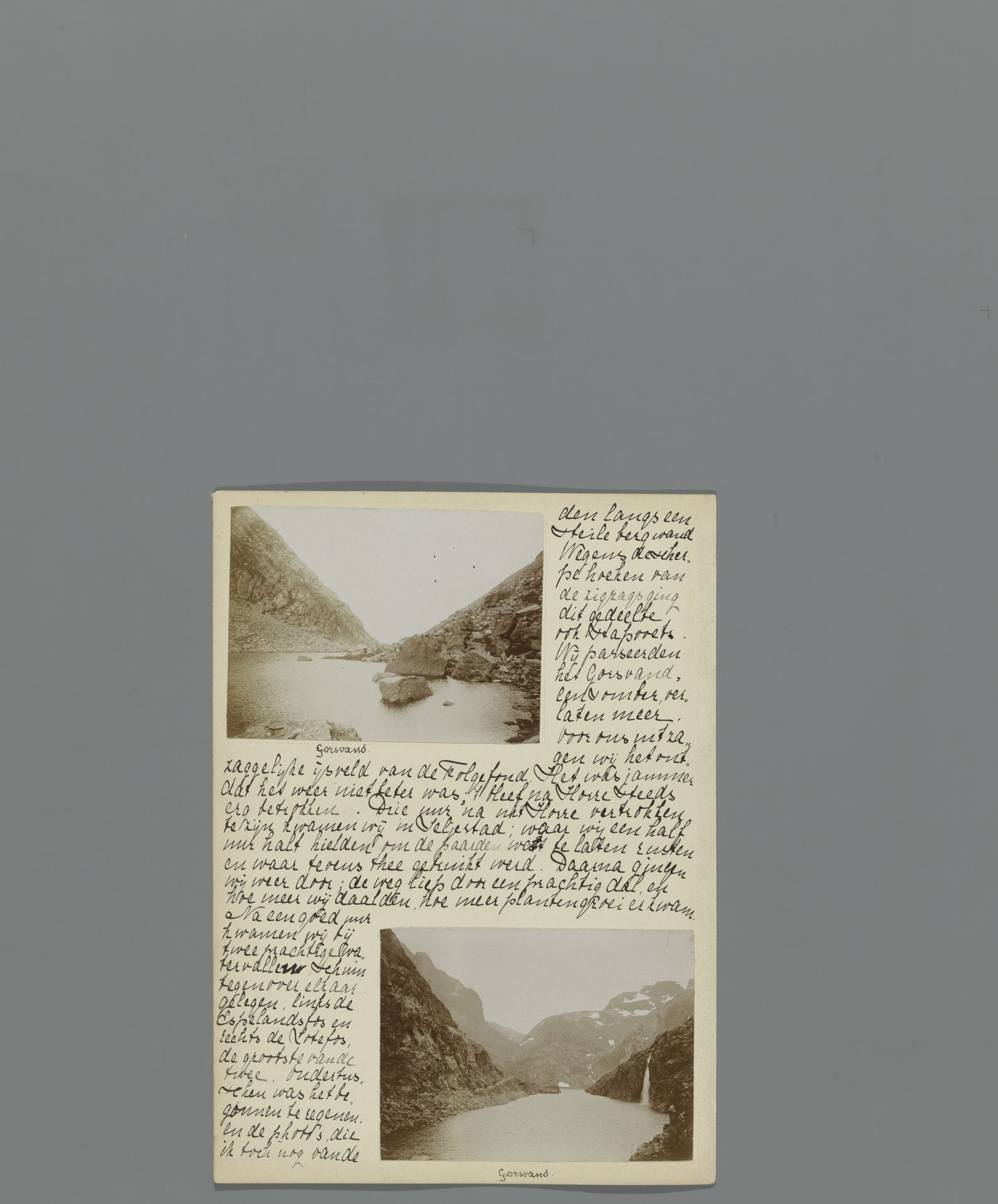 Achttiende pagina van een dagboek van een reis door Noorwegen met twee foto's van het Gorsvandmeer by Hendrik Herman van den Berg