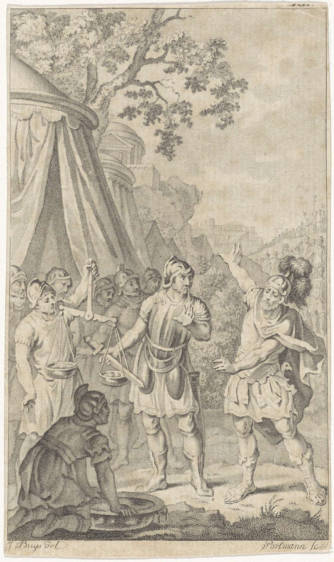 Brennus legt zijn zwaard op de weegschaal by Ludwig Gottlieb Portman