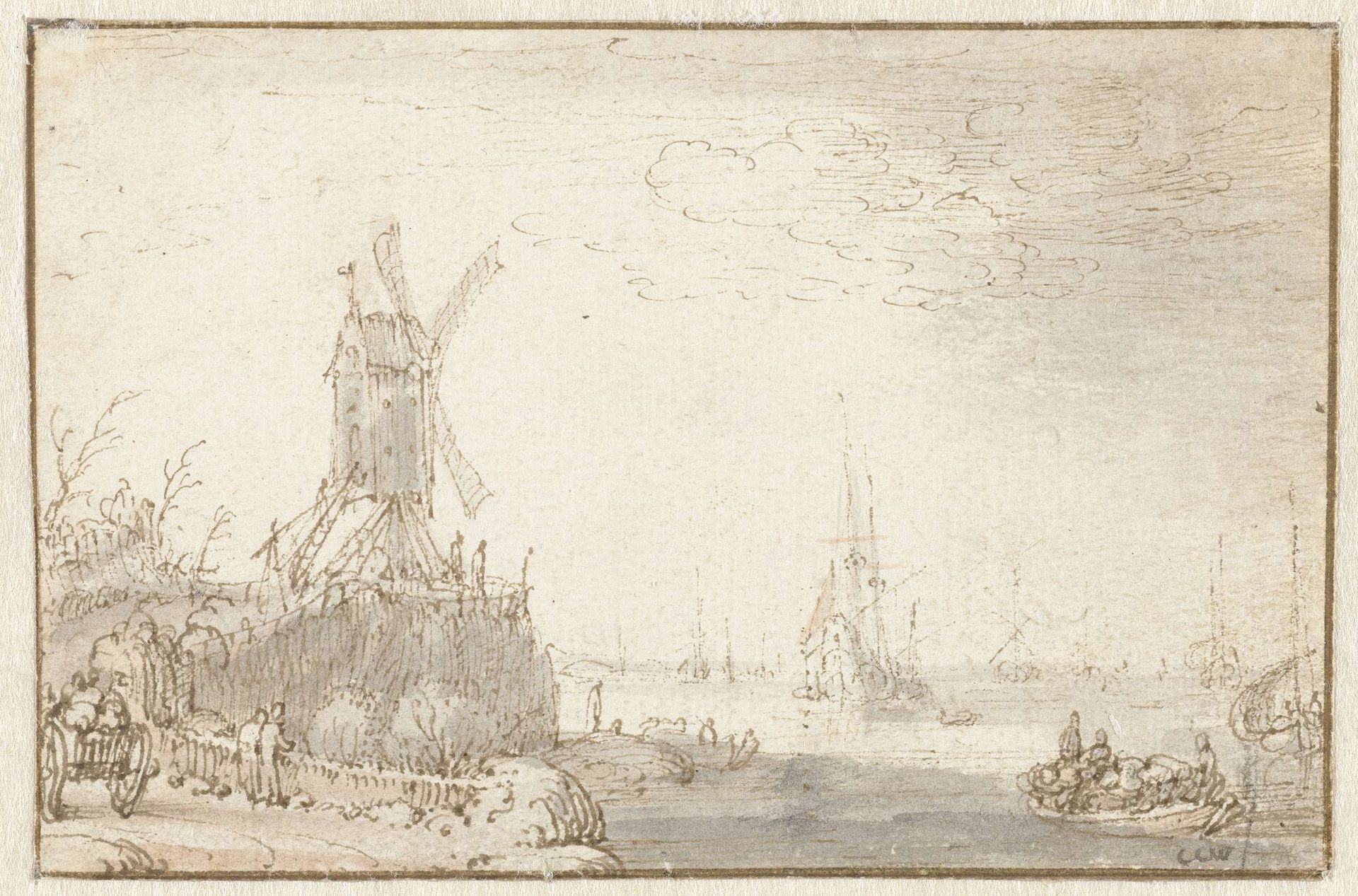 Riviergezicht met windmolen by Cornelis Claesz. van Wieringen