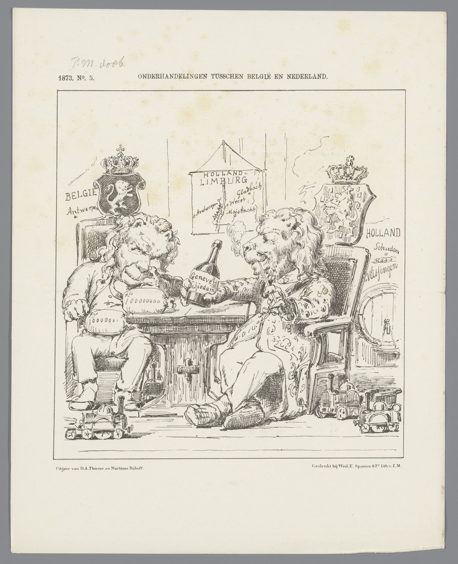 Spotprent met de Belgische en de Nederlandse leeuw, 1873 by Johan Michaël Schmidt Crans