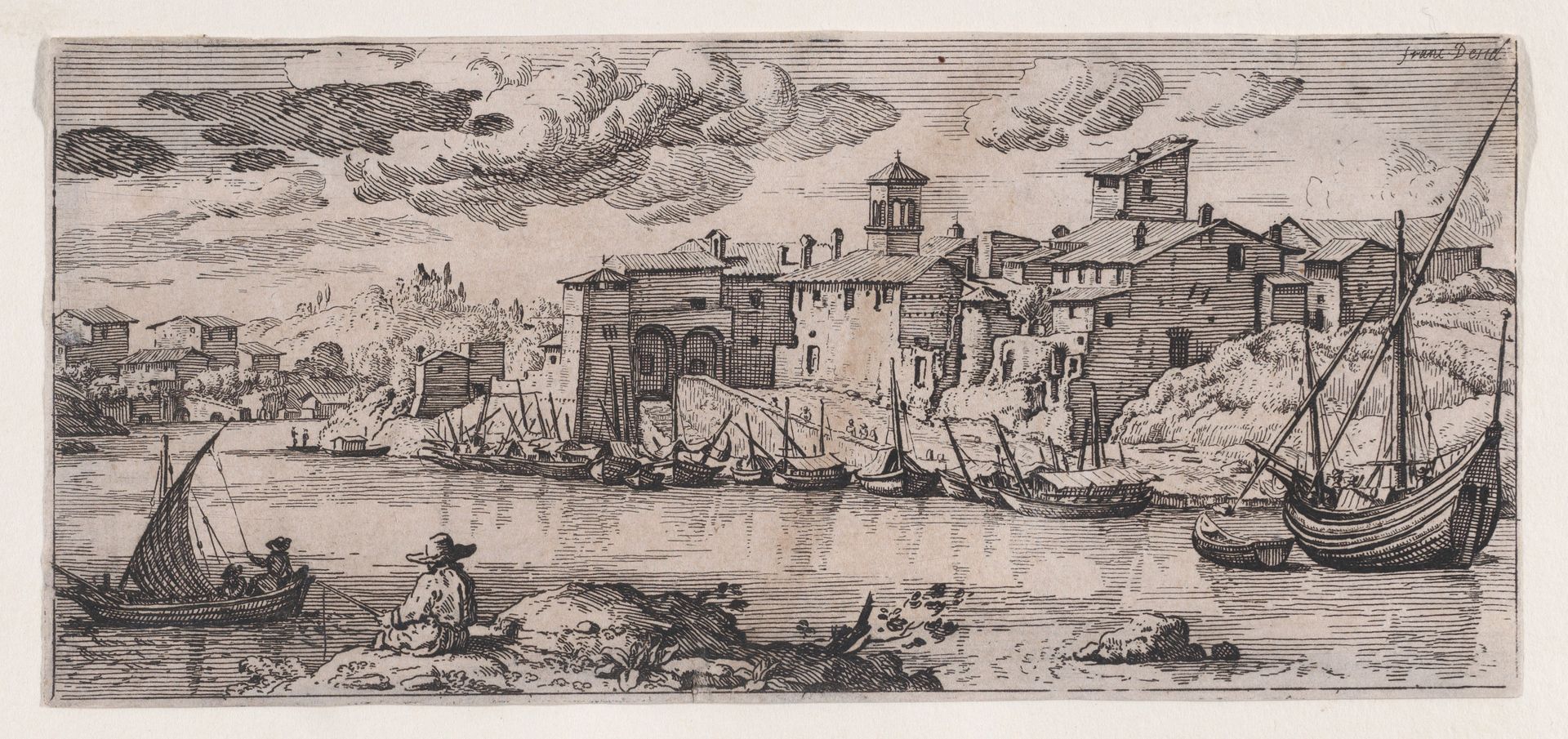 Fishermen on a river across from a town by Anonymous