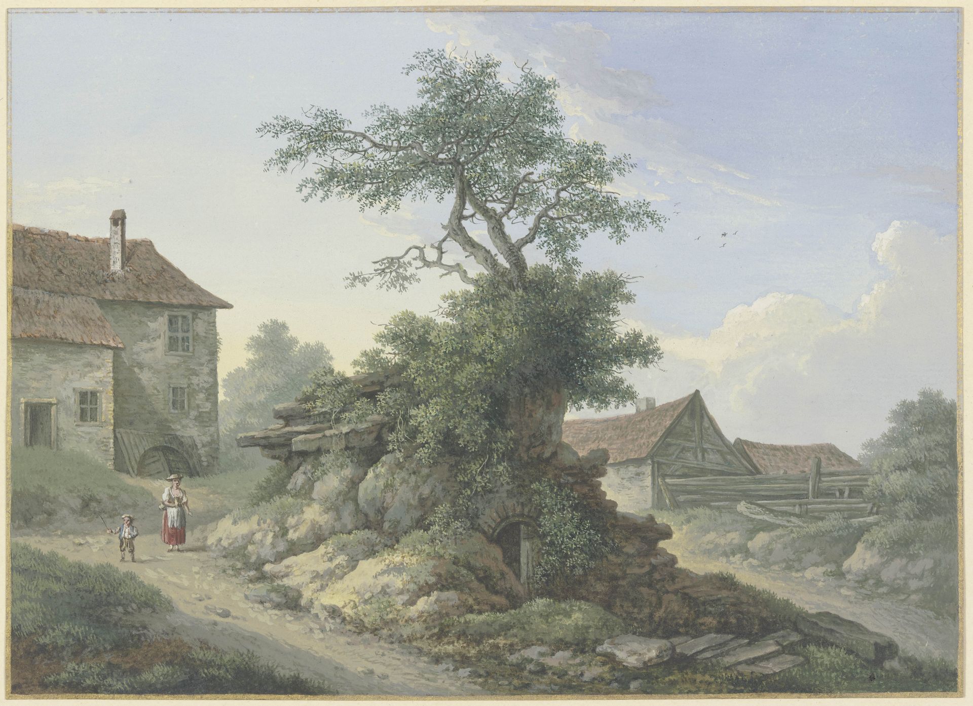 Bauernhof, in der Mitte ein Baum auf einer Kellerruine by Karl Franz Kraul