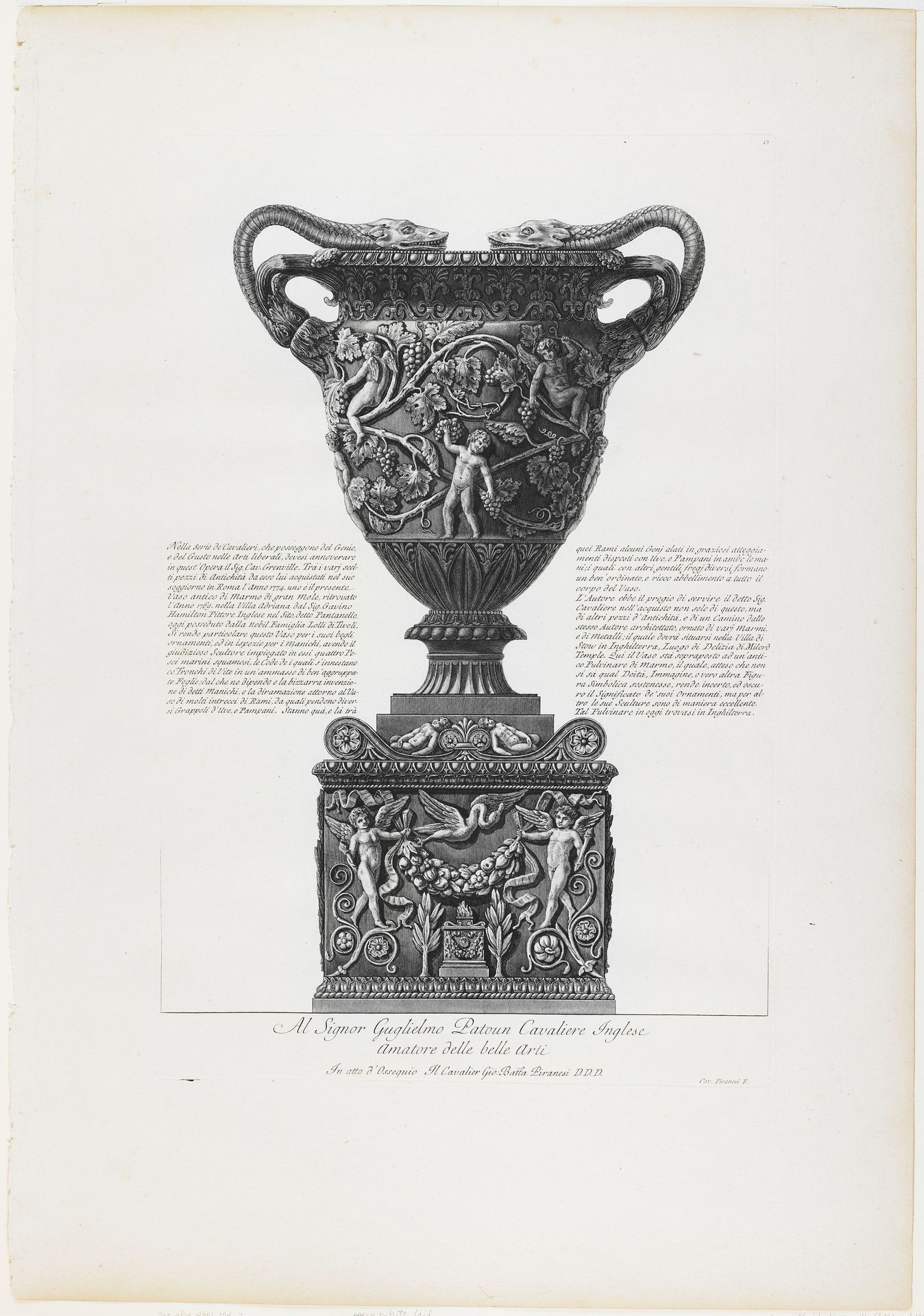 Large Marble Vase with Putti and Vine Leaves by Giovanni Battista Piranesi