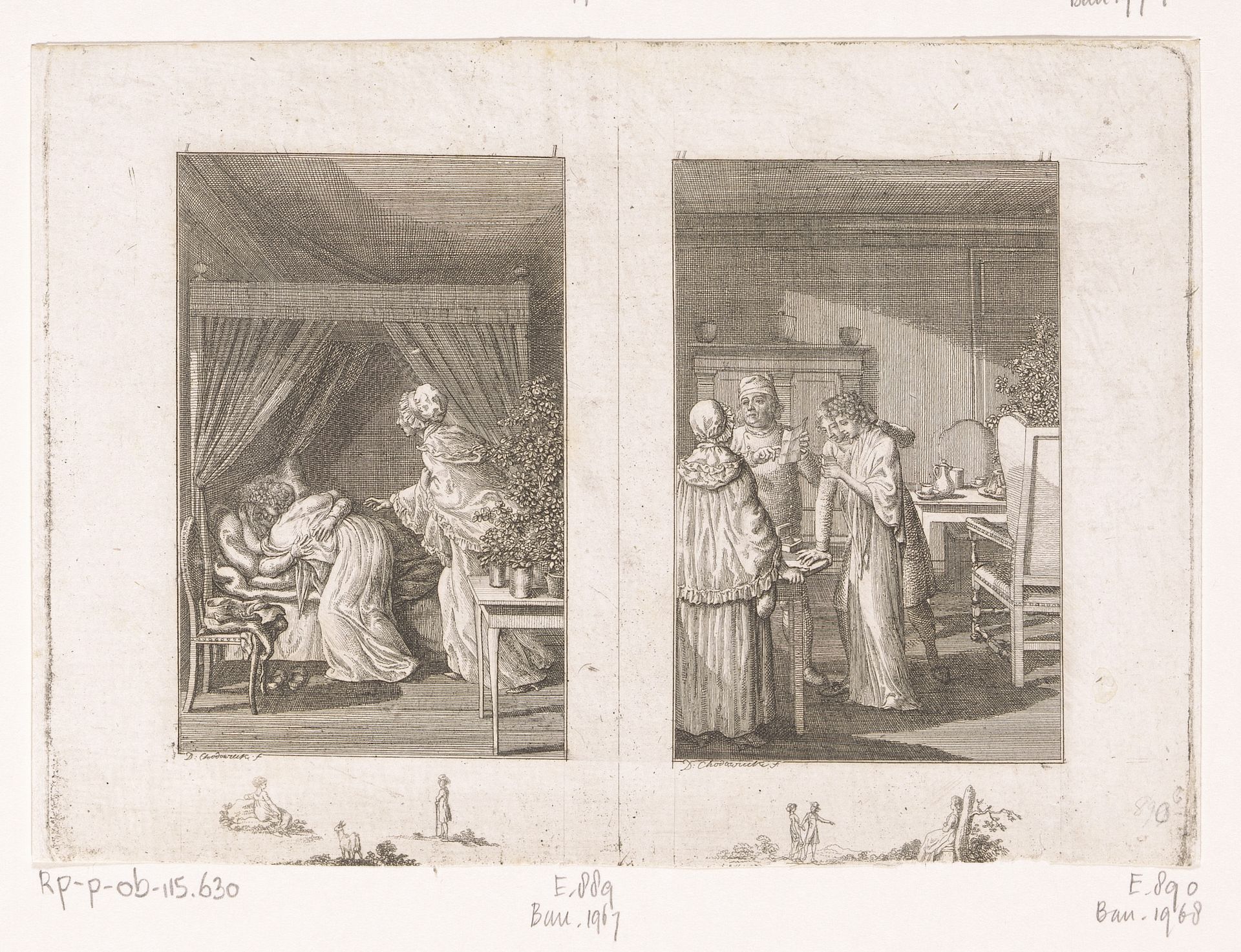 Twee voorstellingen uit de verhalen van Wilhelm Gottlieb Becker by Daniel Nikolaus Chodowiecki