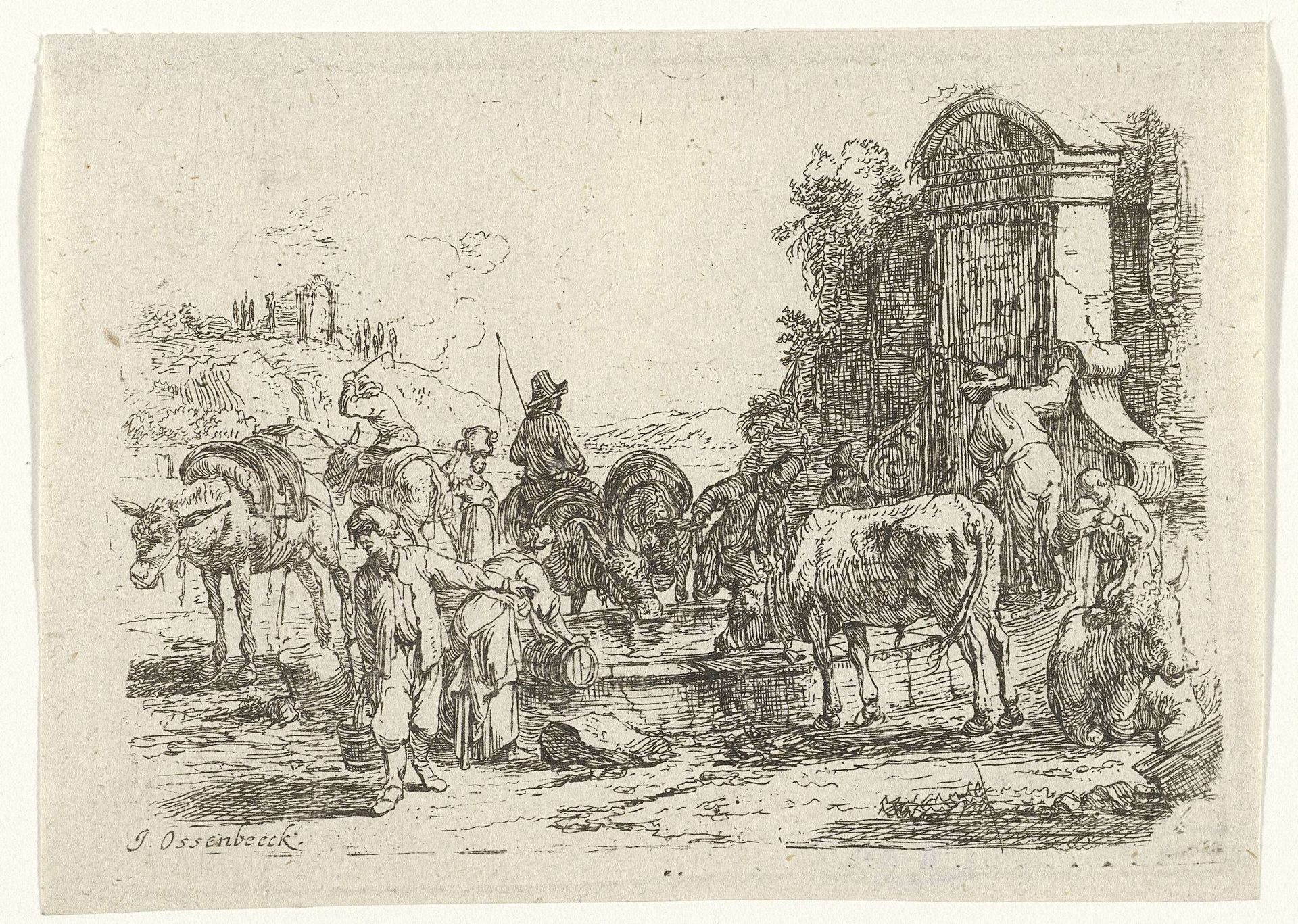 Drinkend vee bij een bron by Jan van Ossenbeeck