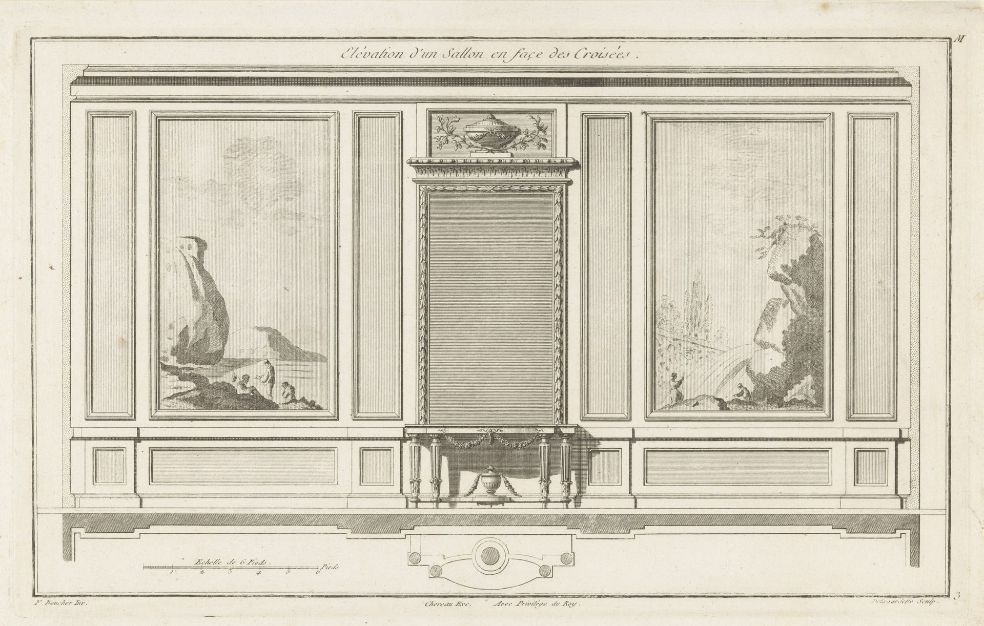 Salon met tafel en panelen by Pierre Claude Delagardette