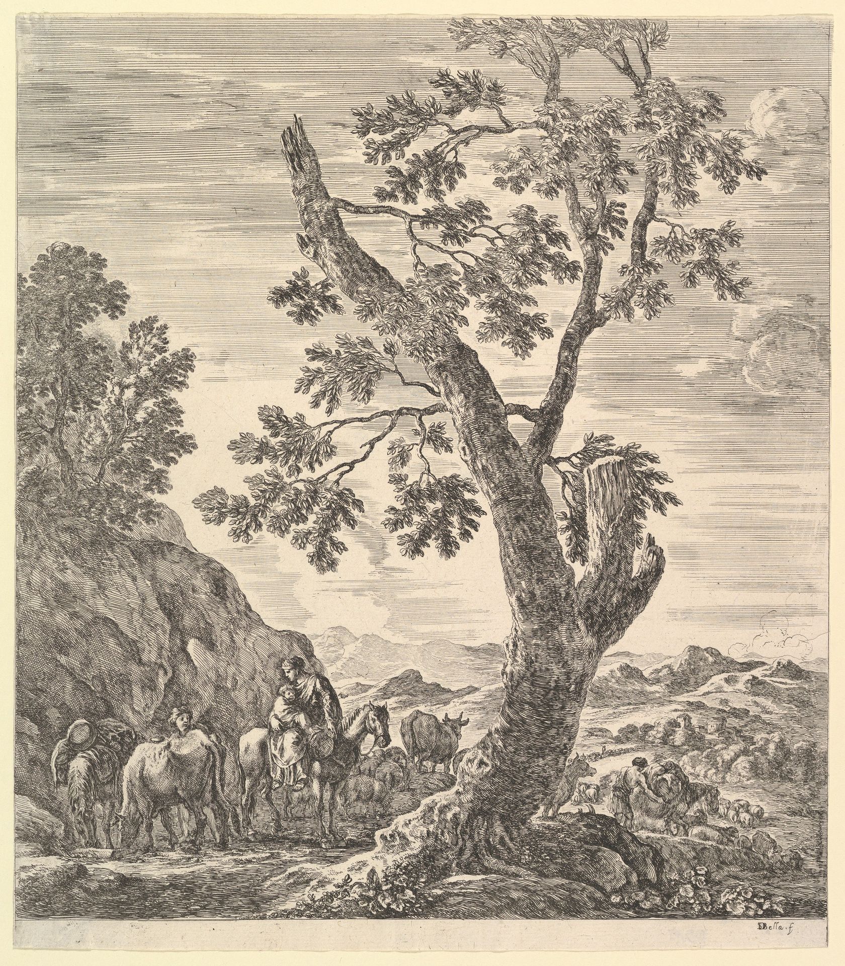 A shepherd with two horses and a peasant woman on horseback with a child in her arms to left, a large tree in center, a shepherd with a herd of animals descending a hill to right, mountains in the background, from 'Six large views, four of Rome and two of the Roman countryside' (Six grandes vues, dont quatre de Rome et deux de la Campagne romaine) by Stefano della Bella