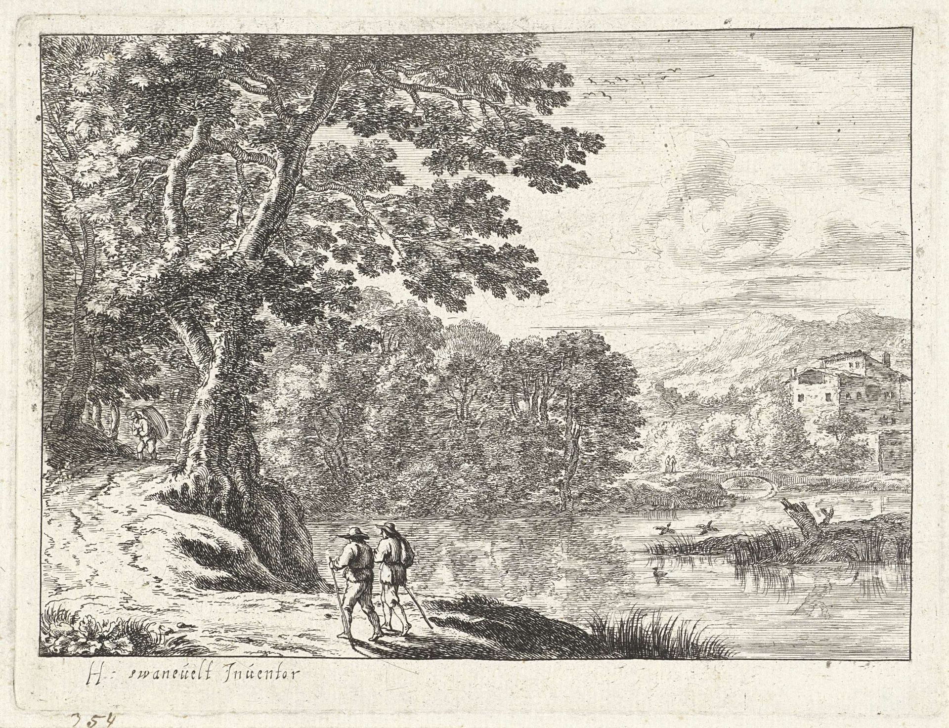 Landschap met een marskramer en wandelaars by Anonymous