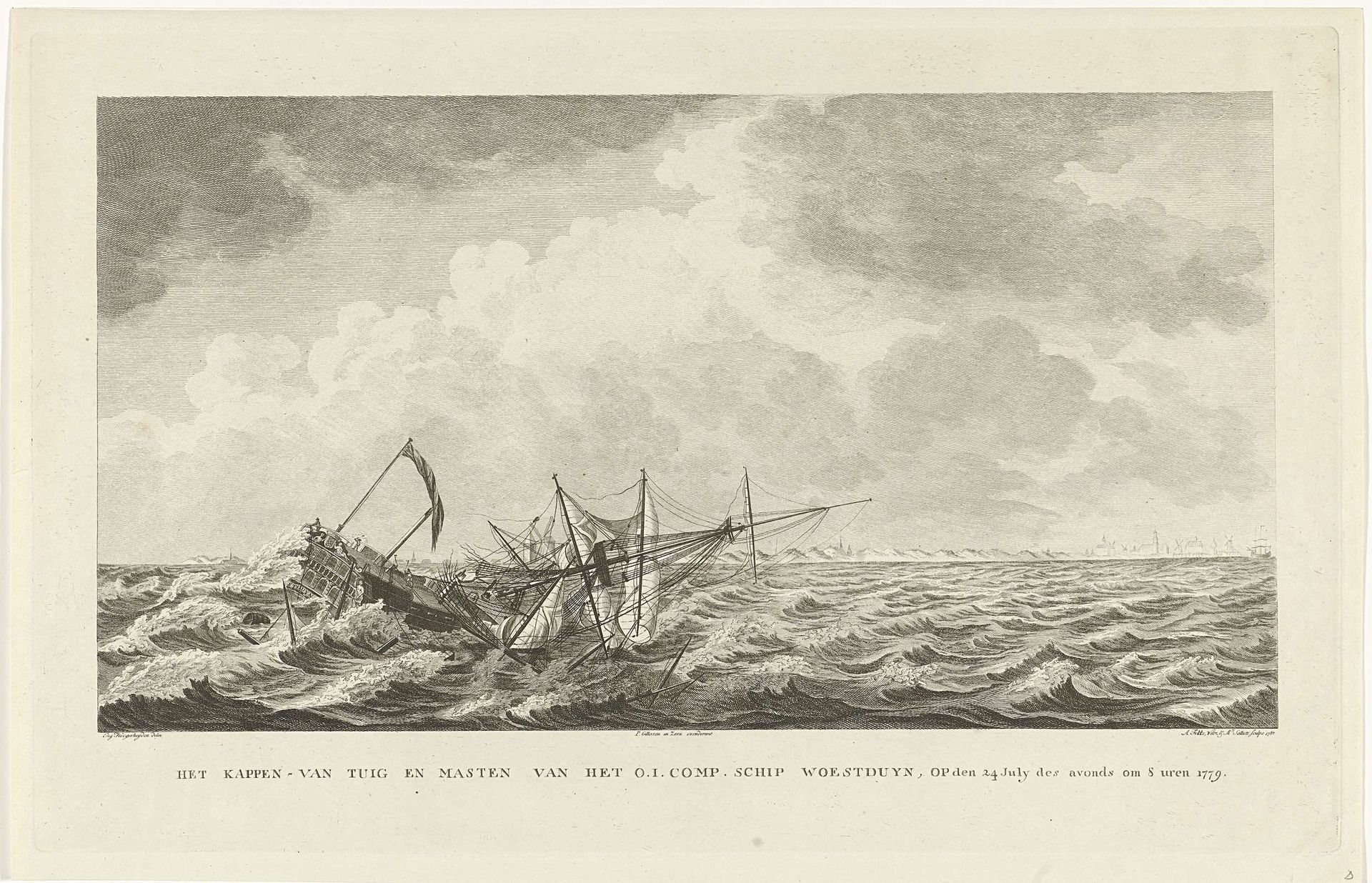 Kappen van de masten van het schip Woestduin, 1779 by Arend Fokke Willemsz.