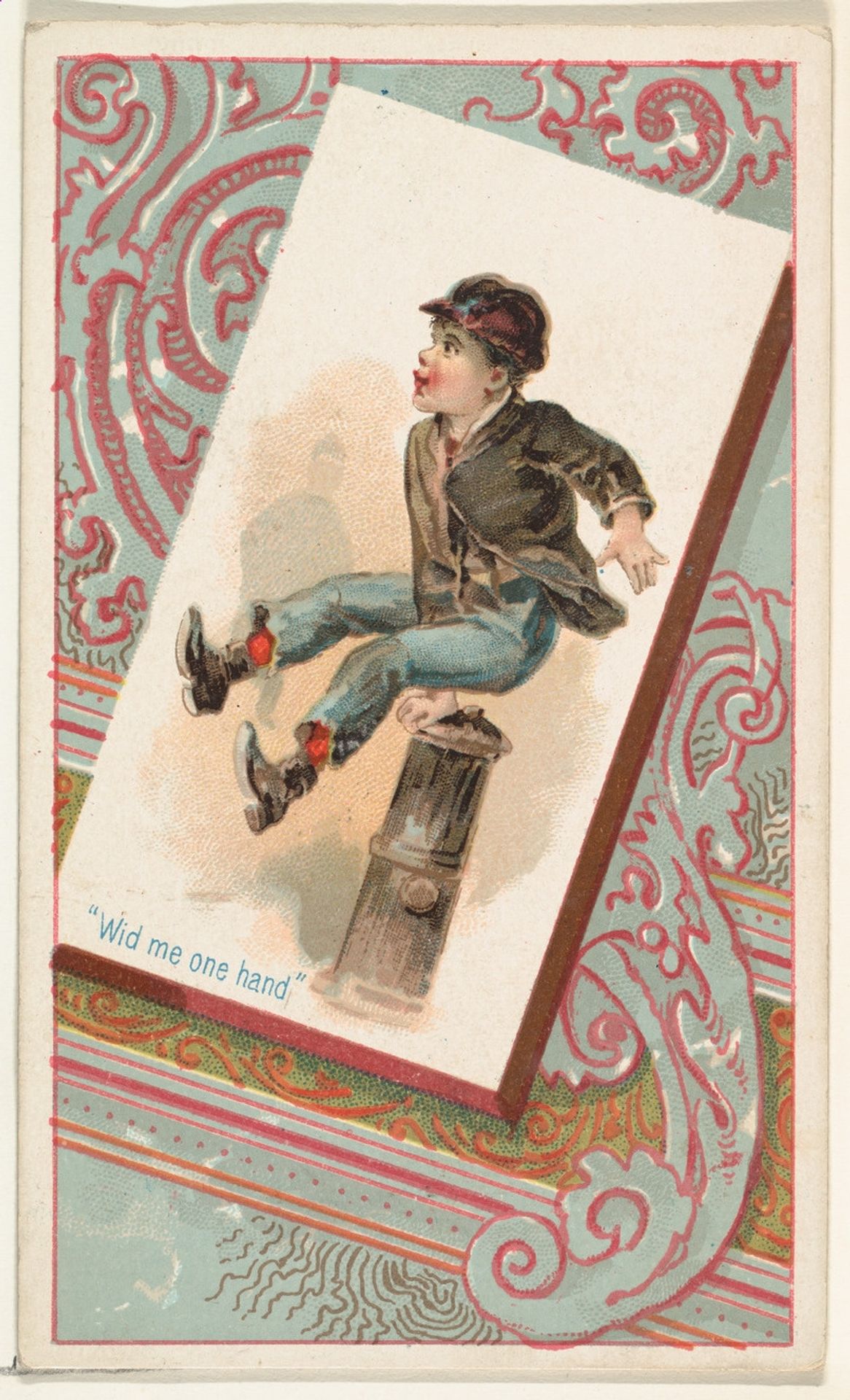 "Wid me one hand," from the Terrors of America set (N136) issued by Duke Sons & Co. to promote Honest Long Cut Tobacco by W. Duke, Sons & Co.