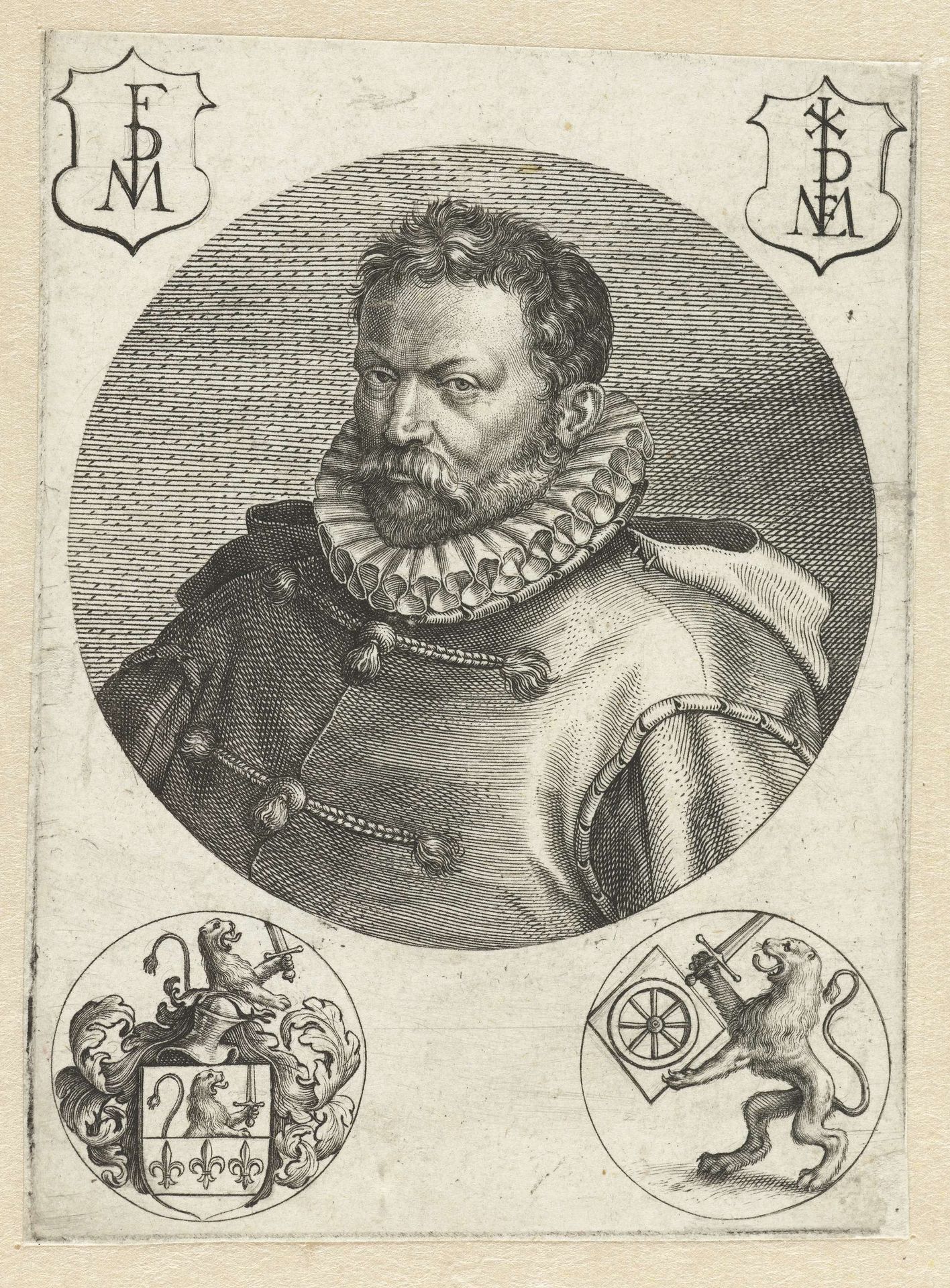 Portret van een man en vier wapenschilden by Wierix