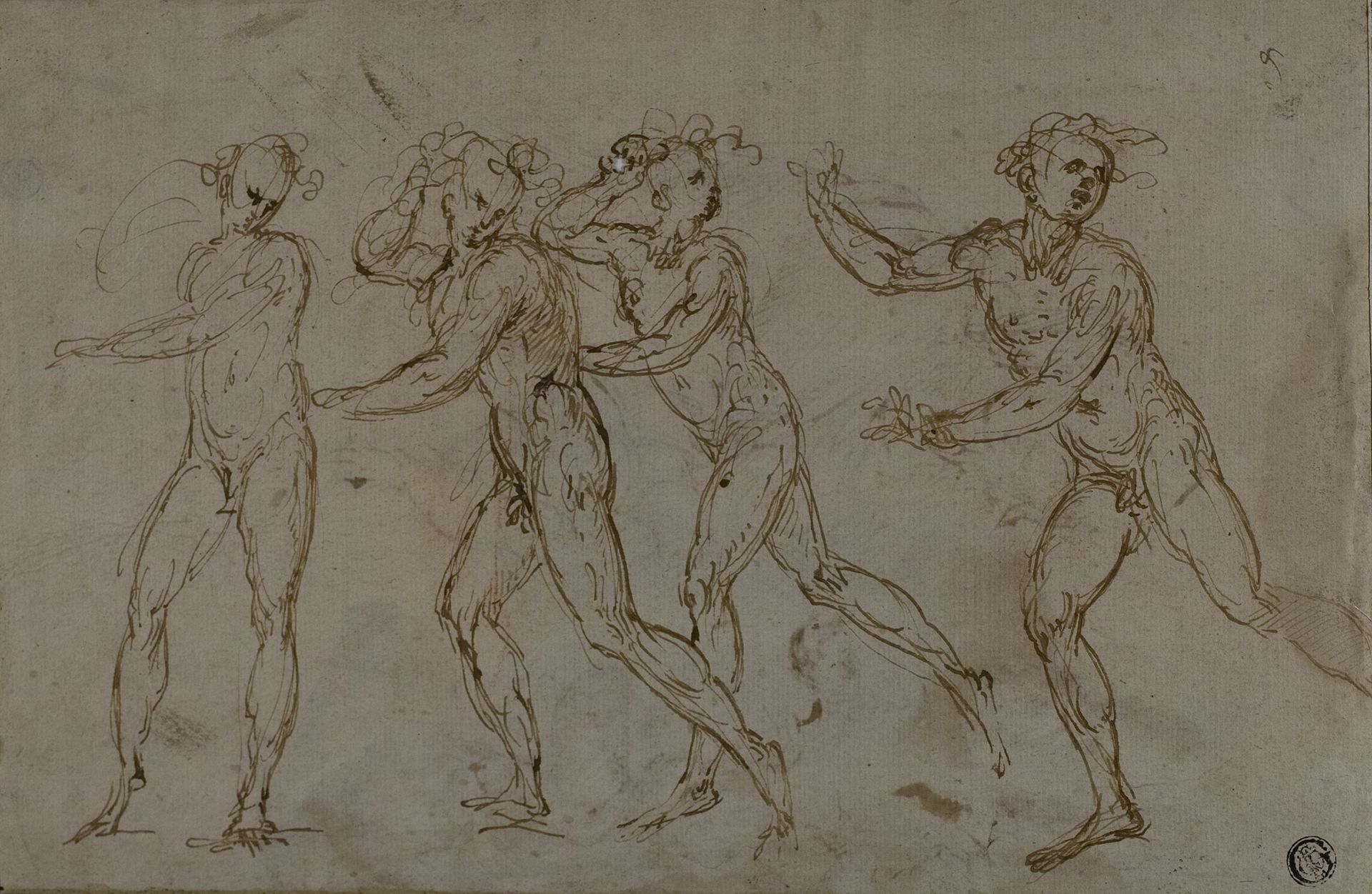 Four Running Male Nudes (recto); Holy Family with the Infant John the Baptist (verso) by Anonymous