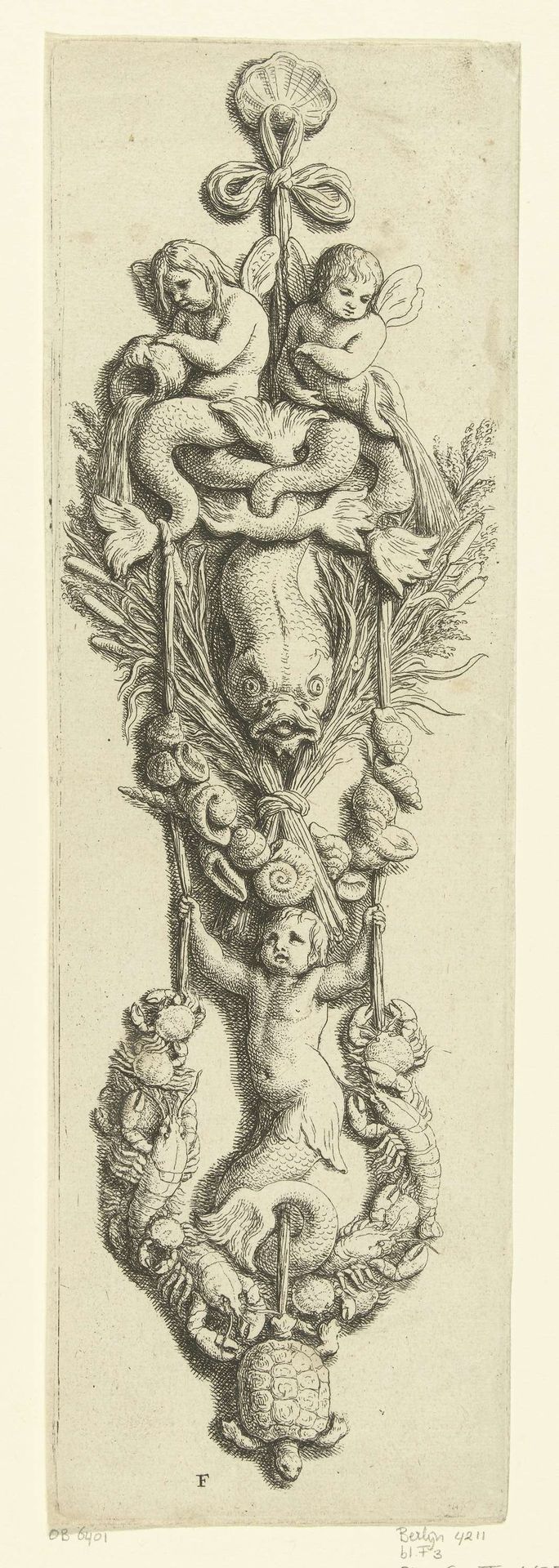 Wapentrofee met tritons, een vis en schaaldieren by Hubert Quellinus