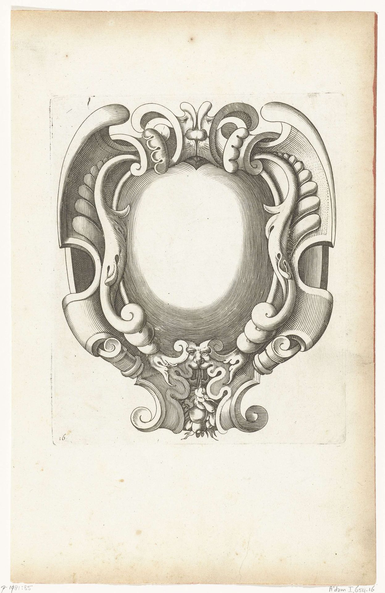 Cartouche met mascaron dat trosje vruchten in de mond heeft by Pierre Firens