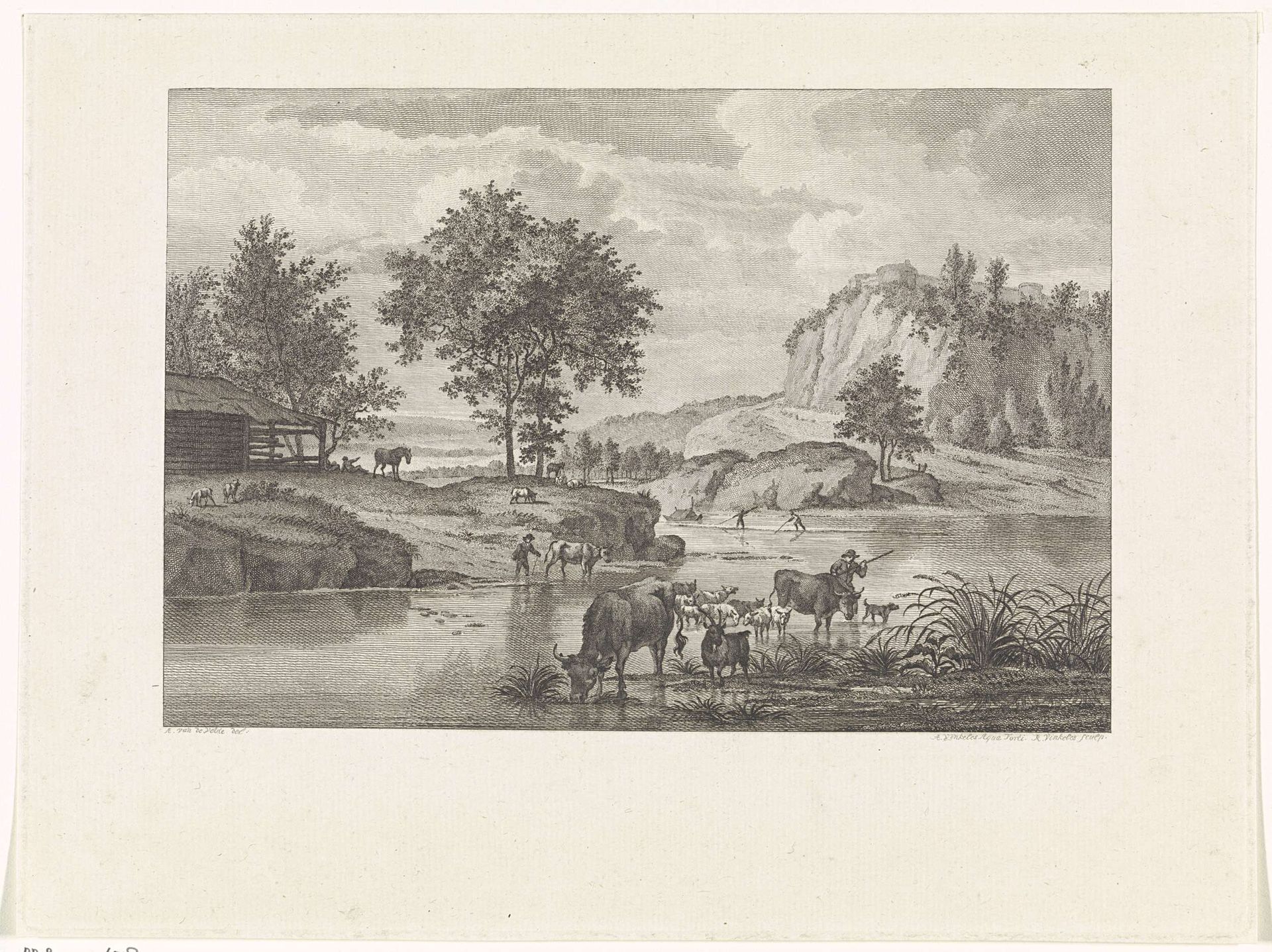 Herders met vee bij een doorwaardbare plaats by Abraham Vinkeles