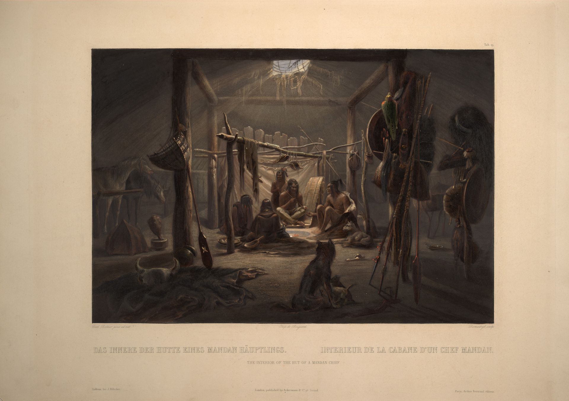 The Interior of a Hut of a Mandan Chief, plate 19 from Volume 2 of 'Travels in the Interior of North America' by Karl Bodmer