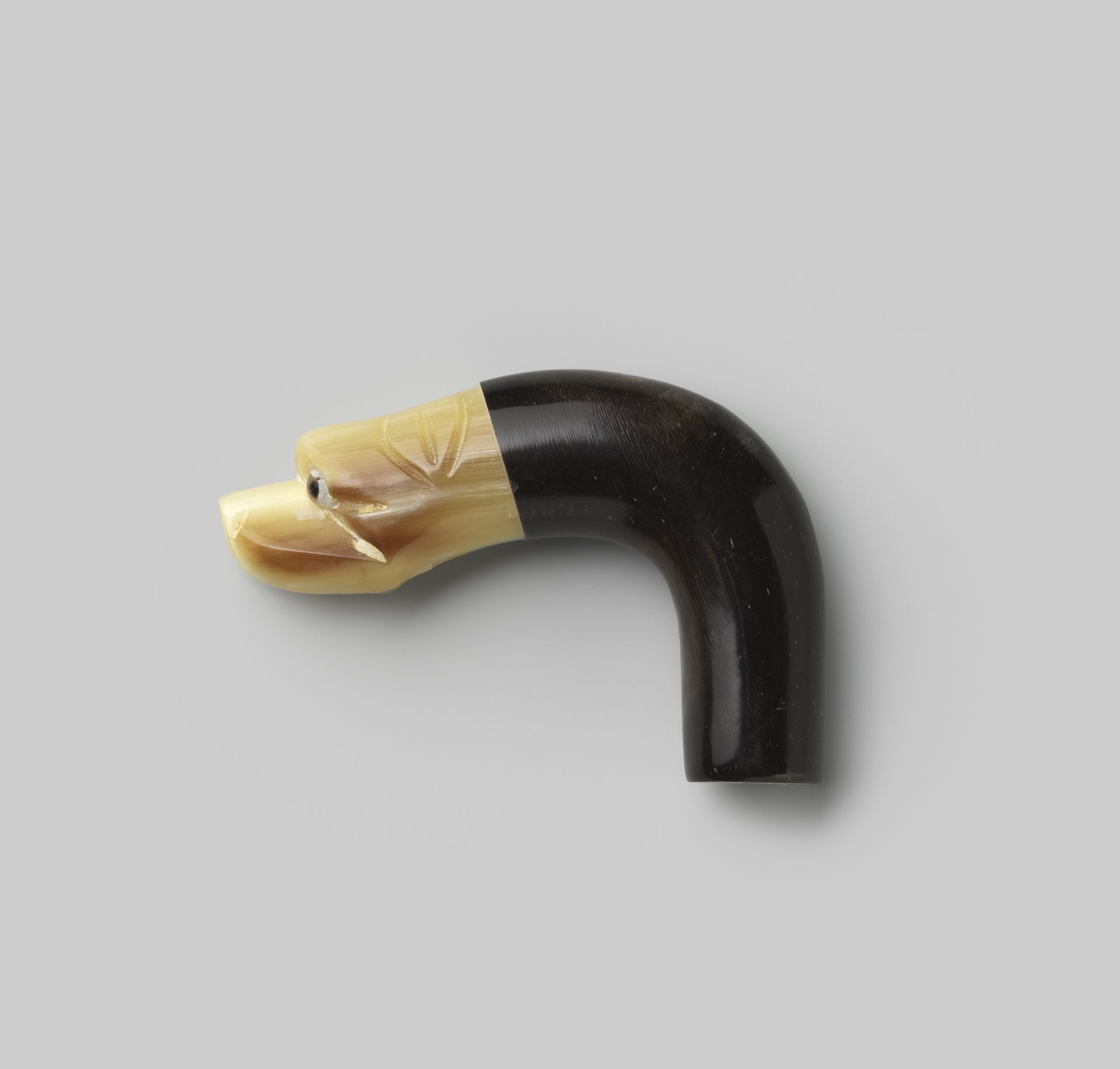 Knop van zwart hoorn, eindigend in een hondenkop van beige hoorn by Gelria