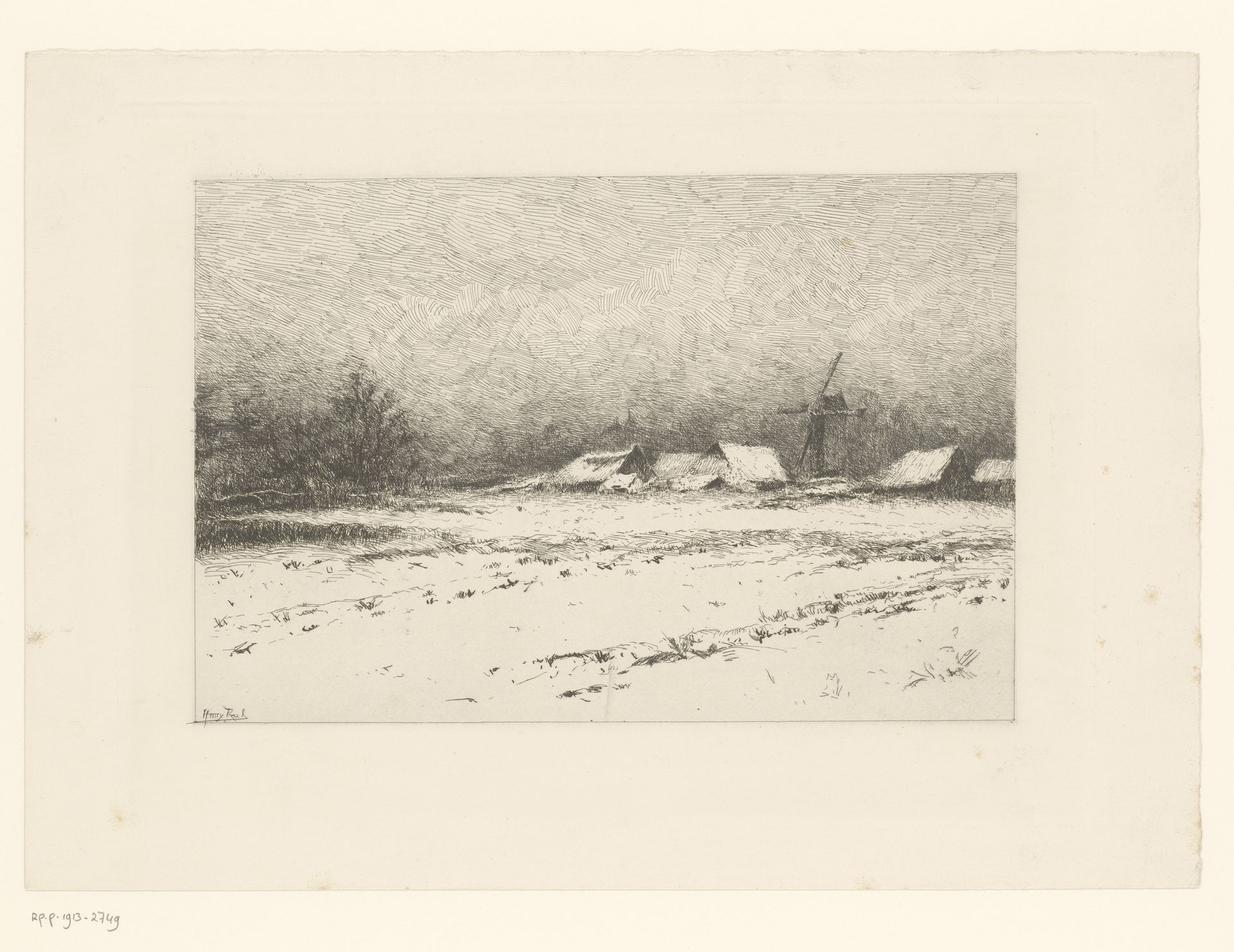 Winterlandschap met molen en huizen by Henri Rul
