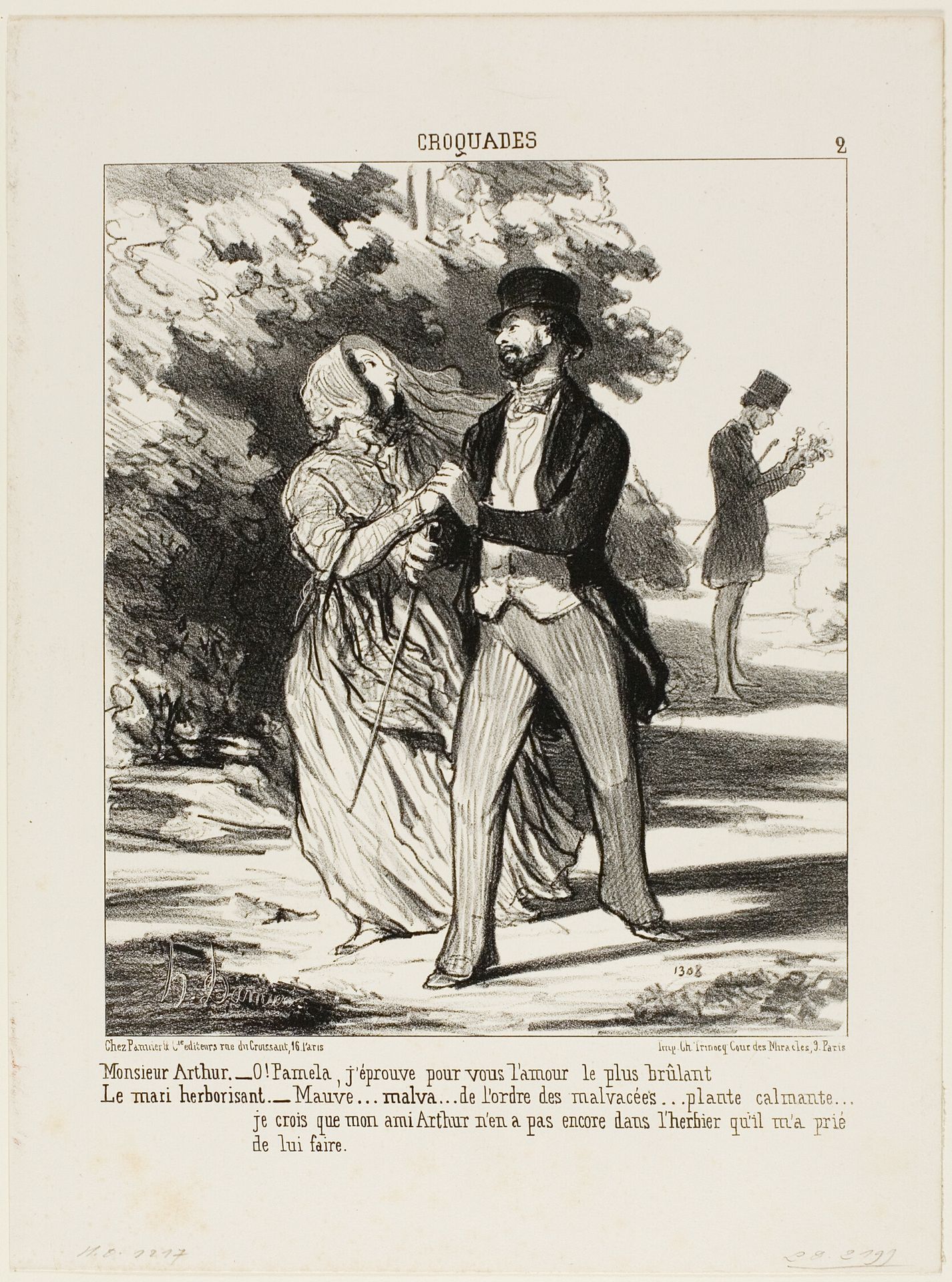 Monsieur Arthur: “- Oh Pamela! I am burning with love for you!” The husband herbalist: “- A mallow... of the family of Malvaceae... a sedative... I don't believe my friend Arthur has this specimen in the herbarium he asked me to build for him,” plate 2 from Croquades by Honoré Daumier
