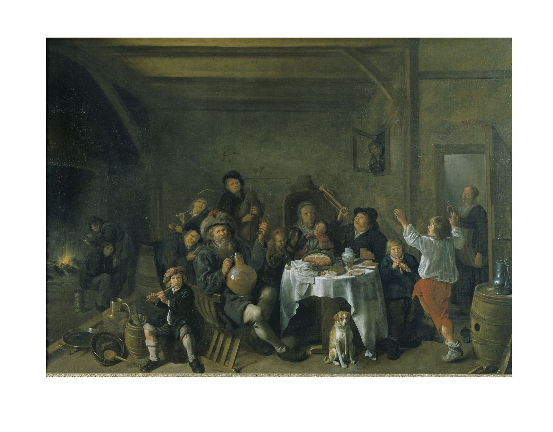 a Domestic Interior in Which a Peasants Family Drink, Eat and Entertain Themselves with Music. in the Centre, is a Table Covered by a White Linen on Which Food Items Had Been Displayed, Before It is a Dog and Tow Men on the Far Left are Lighting Their Pipes by the Fireplace by Jan Miense Molenaer