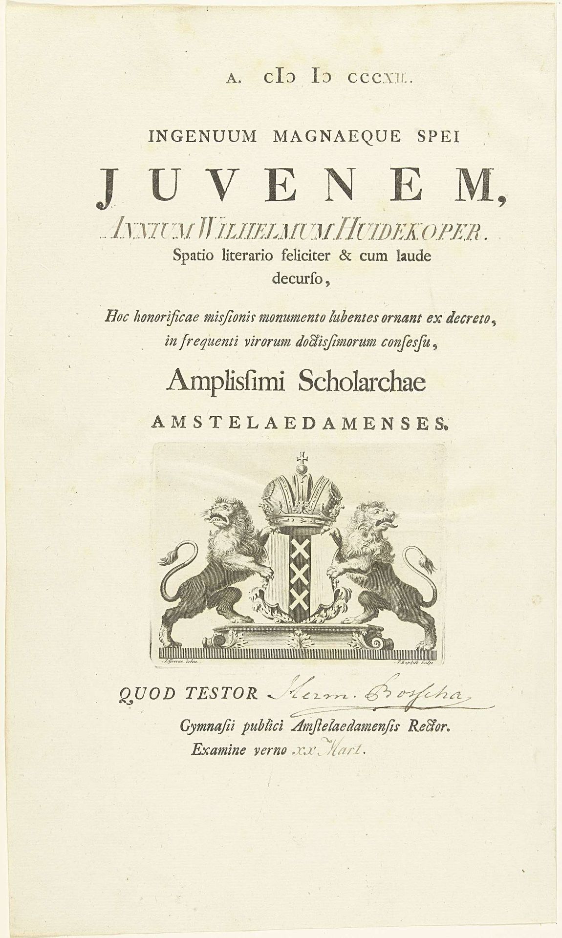 Oorkonde van het Atheneum Illustre in Amsterdam by Jacobus Baptist