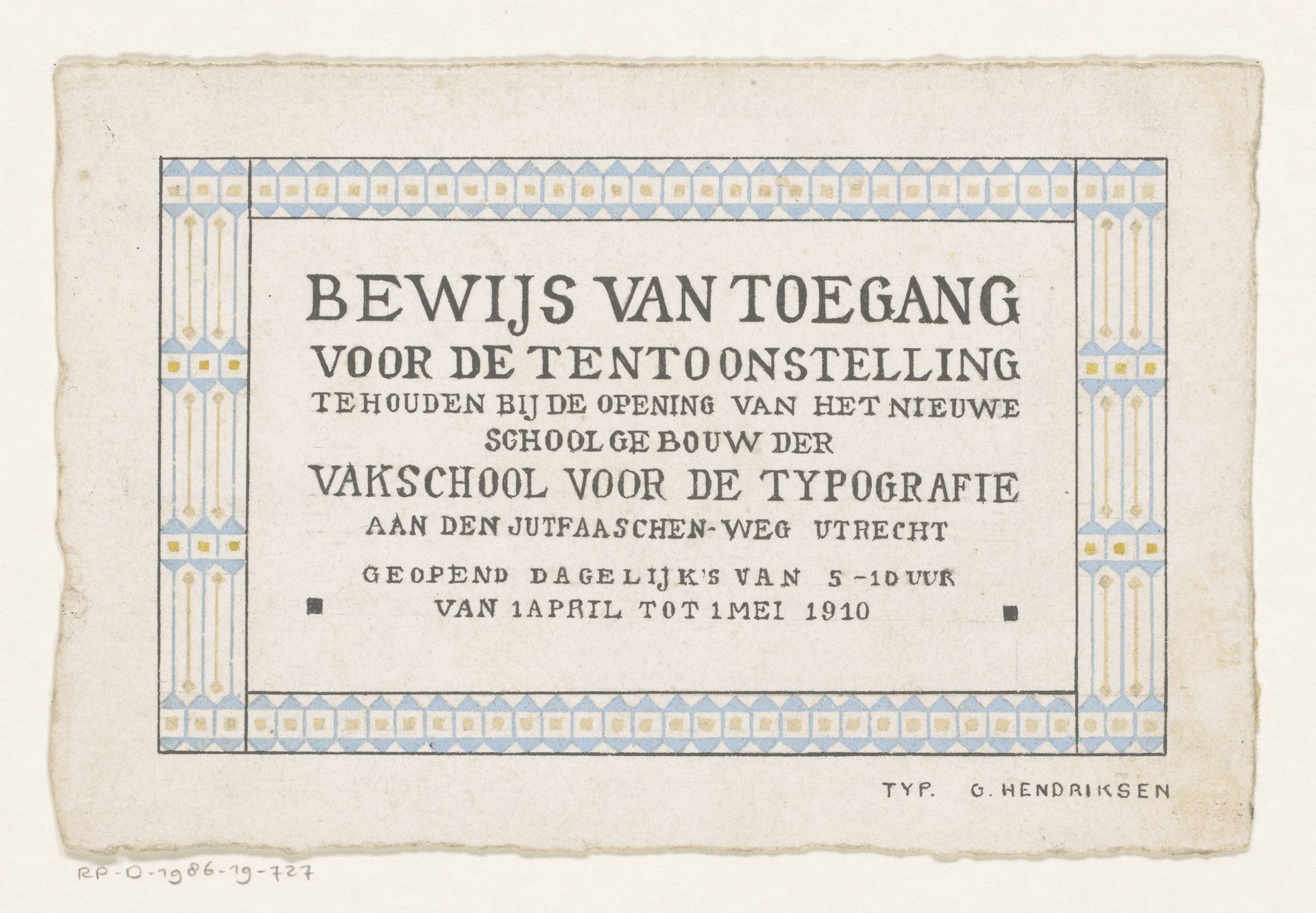 Toegangsbewijs voor de tentoonstellingen van de Vakschool voor de Typografie by Reinier Willem Petrus de (1874-1952) Vries