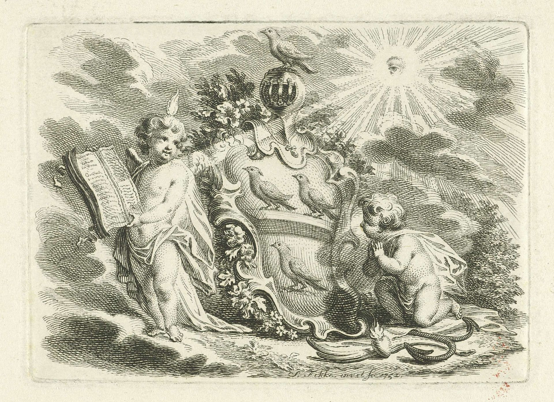 Twee putti bij gehelmd wapenschild by Simon Fokke