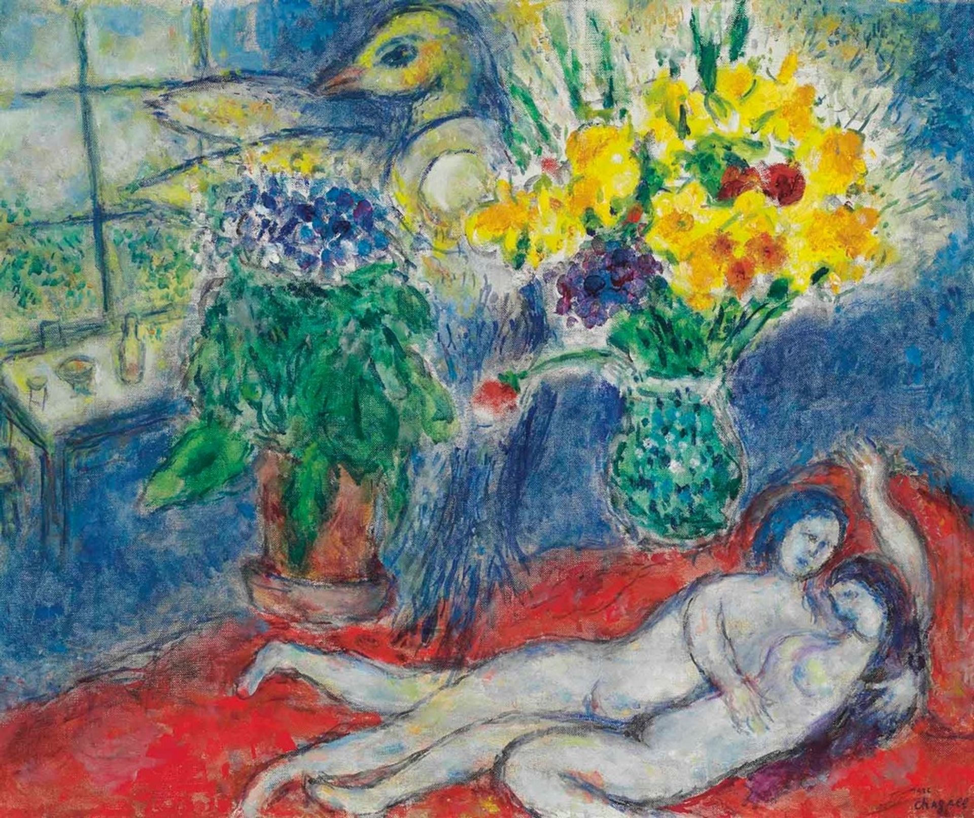 Fleurs et couple sur le divan rouge by Marc Chagall