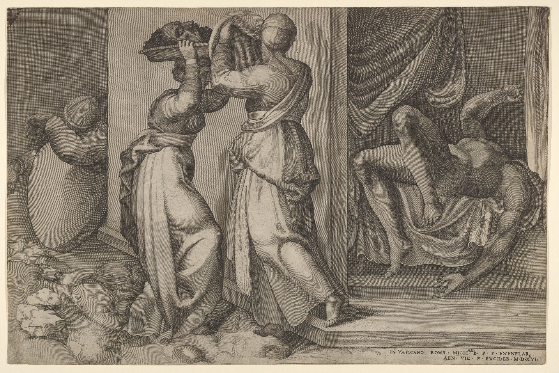 Judith giving the head of Holofernes on a platter, which is about to be covered with a cloth, to her servant, with the foreshortened, naked body of Holofernes at right by Enea Vico
