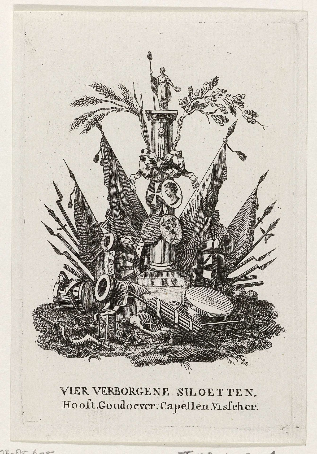 Vier silhouetten verborgen in een wapentrofee, 1787 by Anonymous