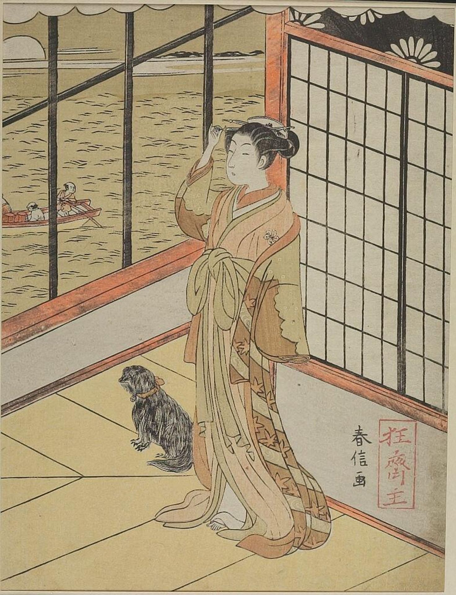 Mistress of Tsuneyoshi (5th Shogun) with Small Dog Looking Out Toward the Water by Suzuki Harunobu 鈴木春信