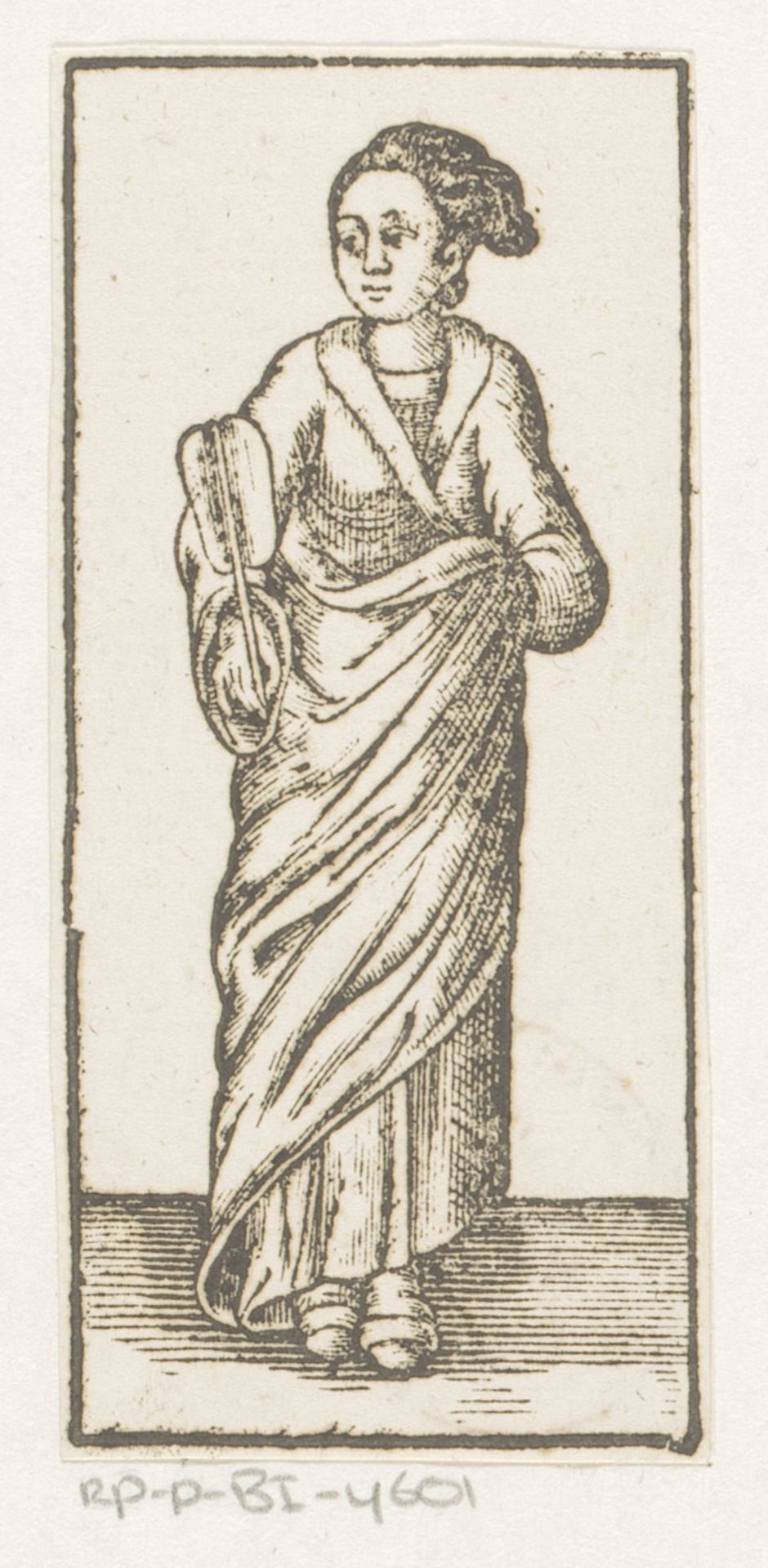 Staande vrouw met een instrument in haar hand by Anonymous