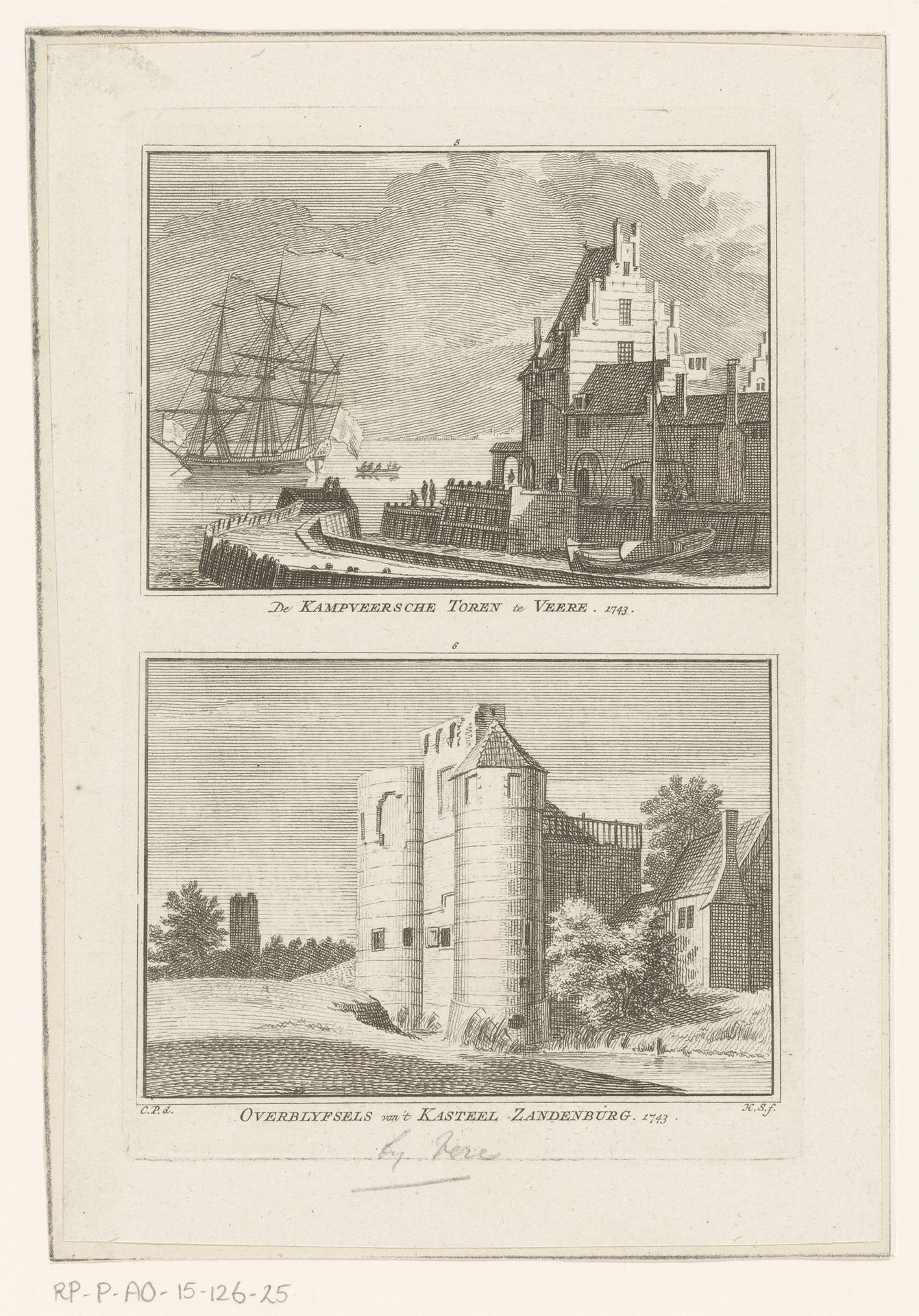 Gezicht op de Campveerse Toren en gezicht op de ruïne van Slot Zandenburg, 1743 by Hendrik Spilman