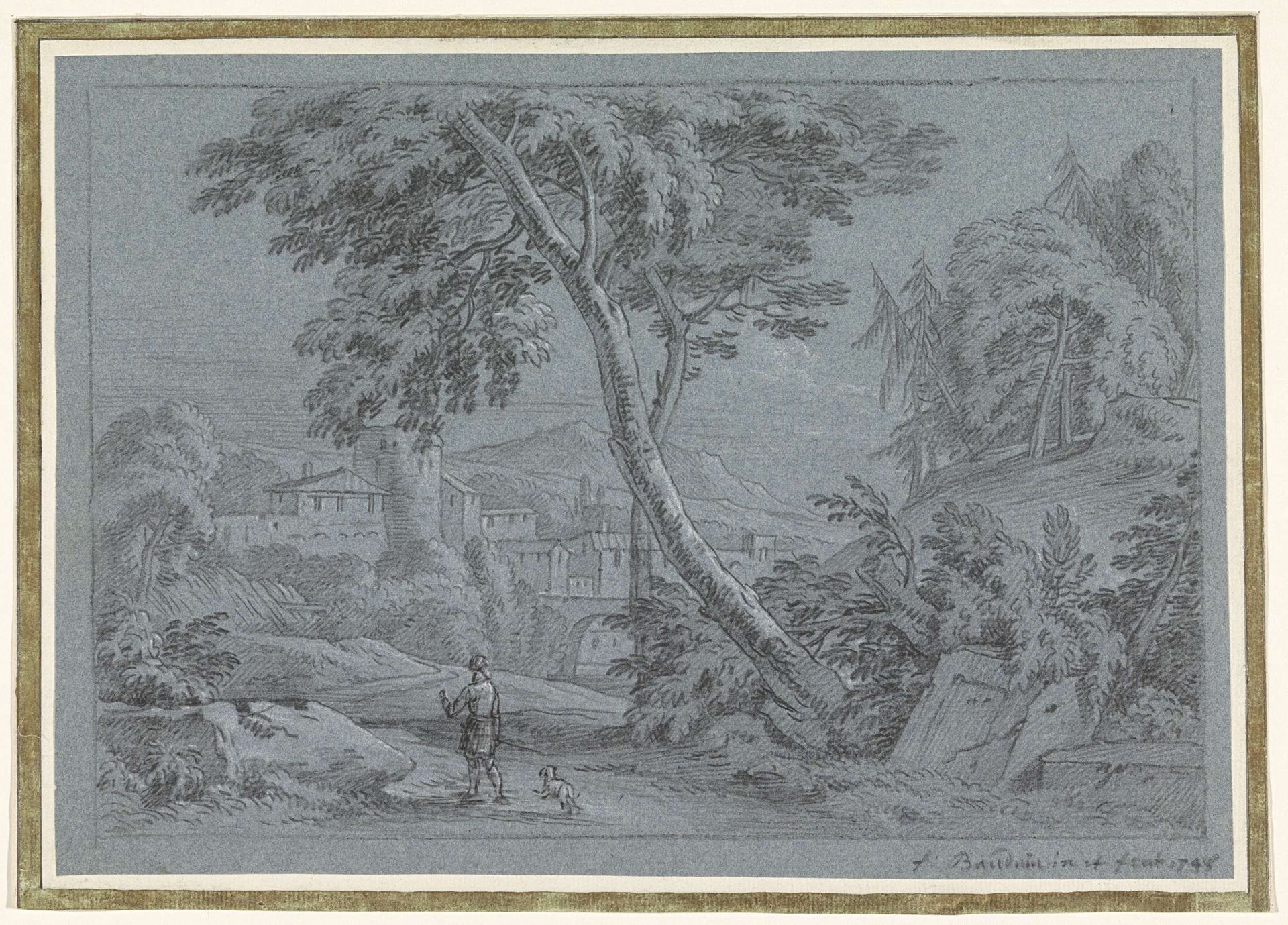 Landschap met wandelaar met hond by Frans Boudewijns