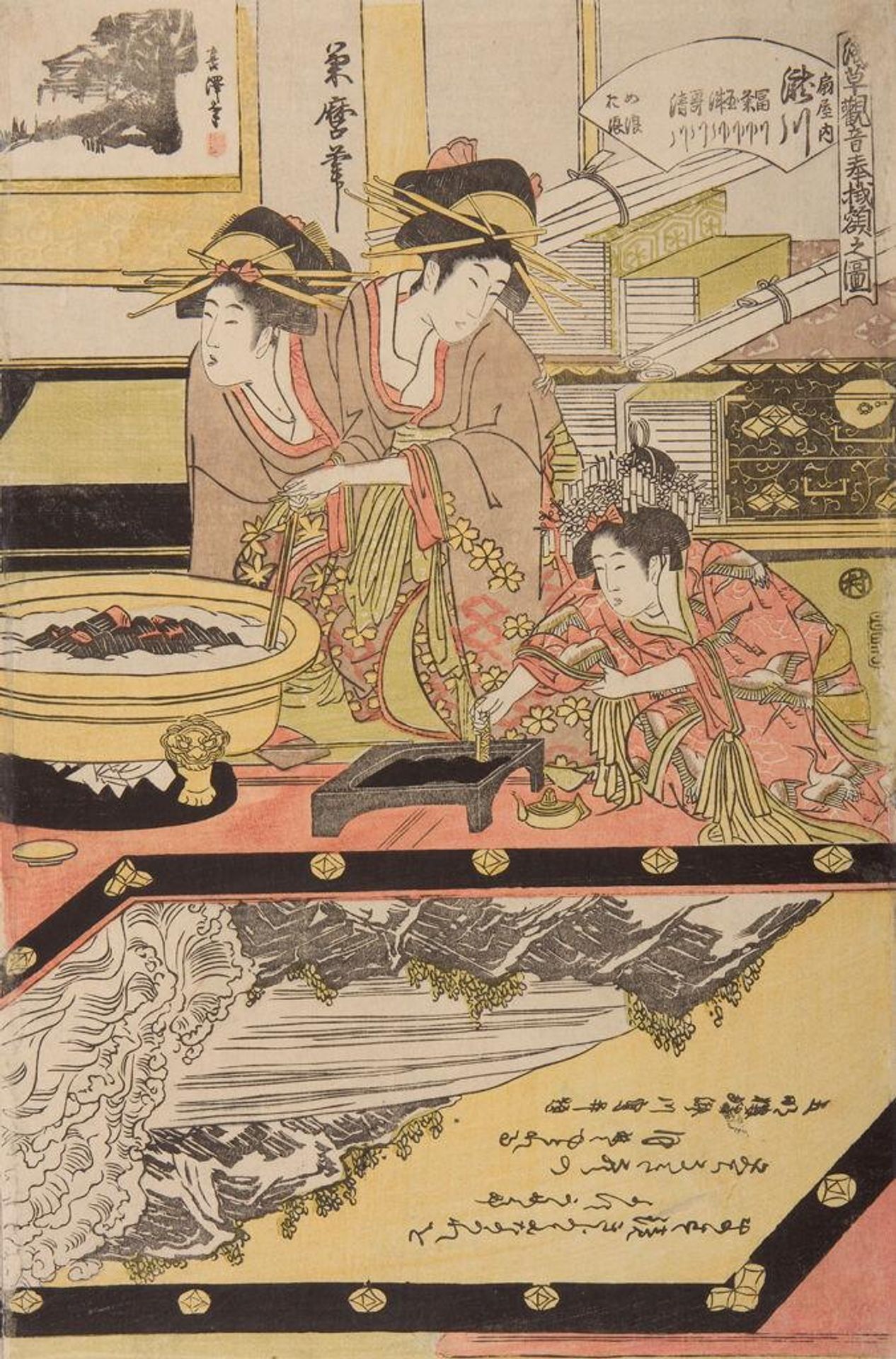 Courtesans Writing on Gaku as Offerings to the Temple Asakusa (Asakusa Kannon hÅshoku-gaku no zu) by Kitagawa Tsukimaro