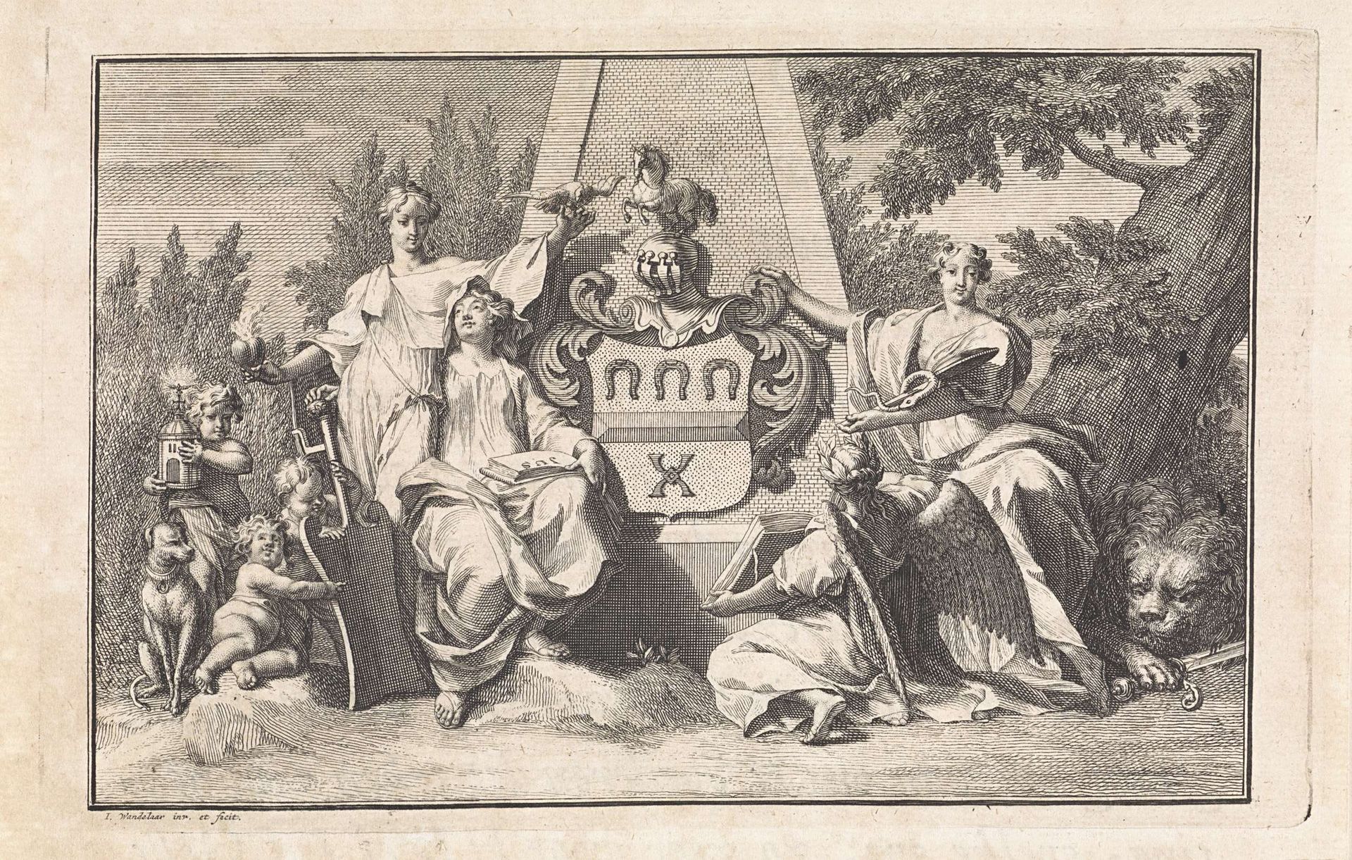 Wapenschild van familie Slicher, omringd door vier allegorische figuren by Jan Wandelaar