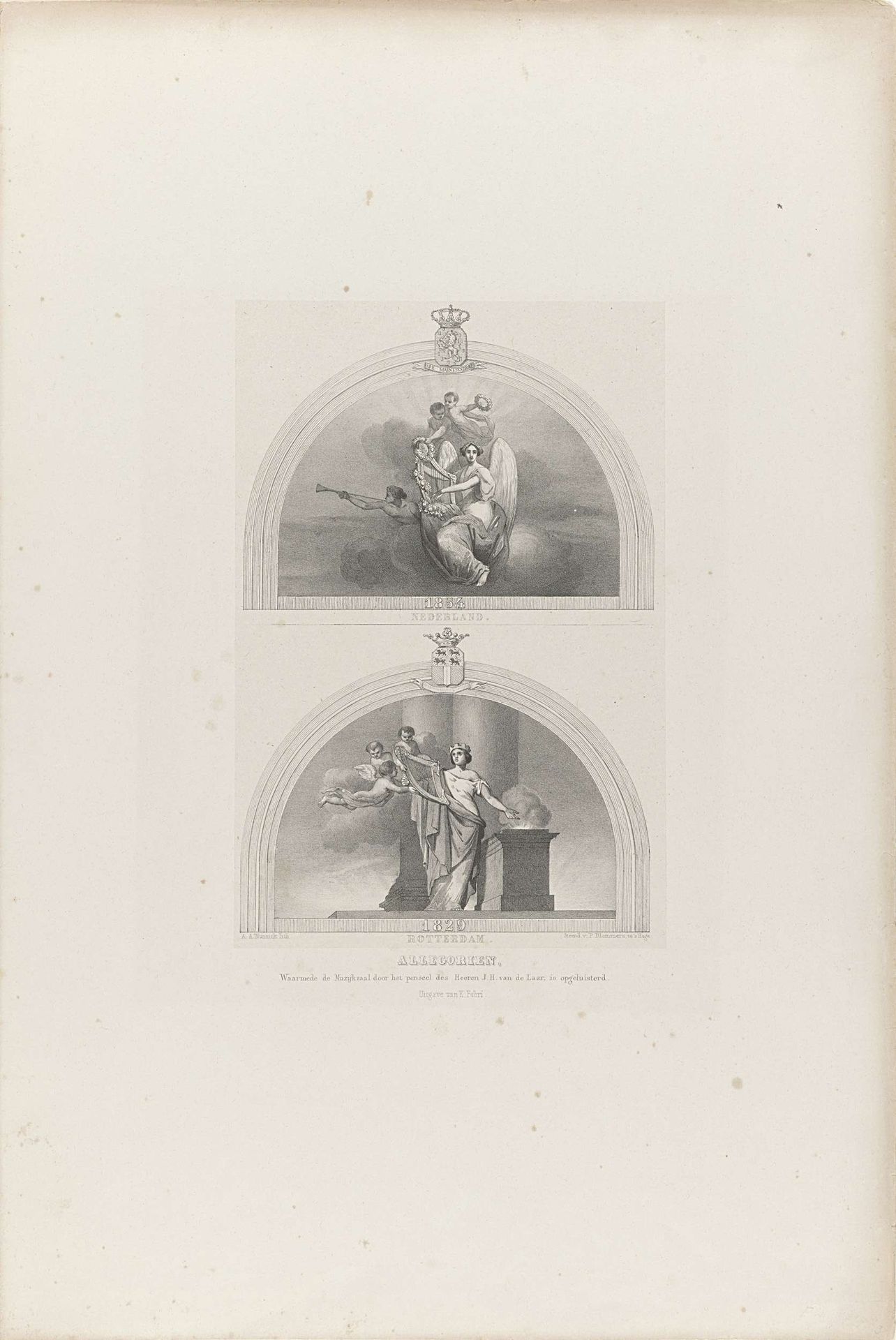 Allegorische versieringen van het Feestgebouw waar het muziekfeest is gehouden, 1854 by Albertus Anthonius Nunnink