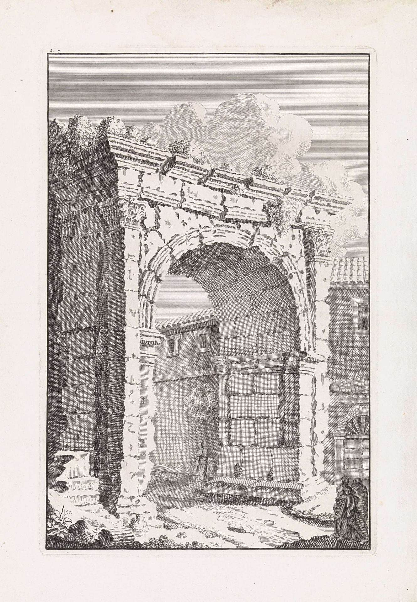 Rüine van een Romeins poort met twee mannen by Bonaventura van Overbeek