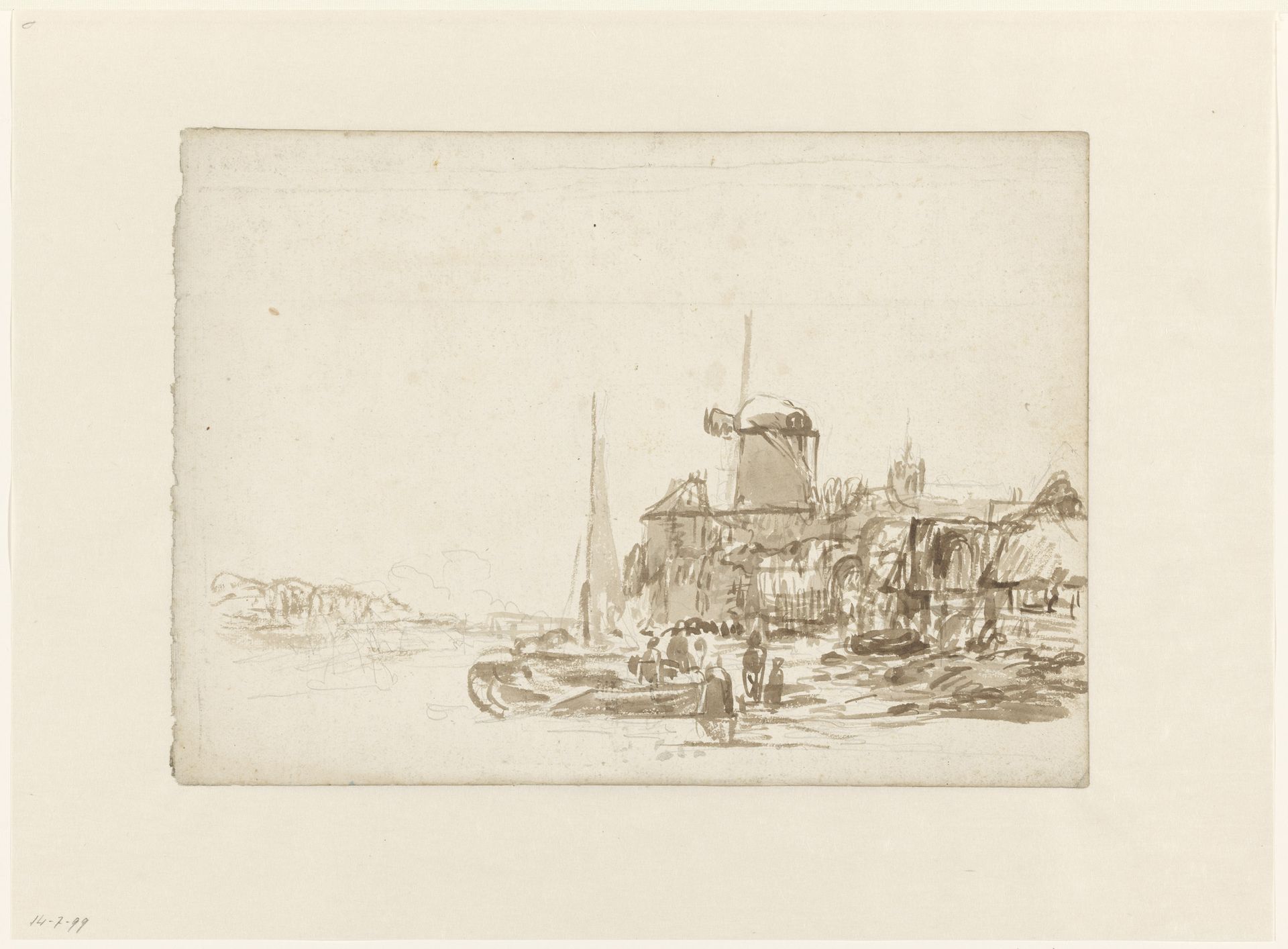 Stadje met windmolen aan een vaart by Julius Jacobus van de Sande Bakhuyzen