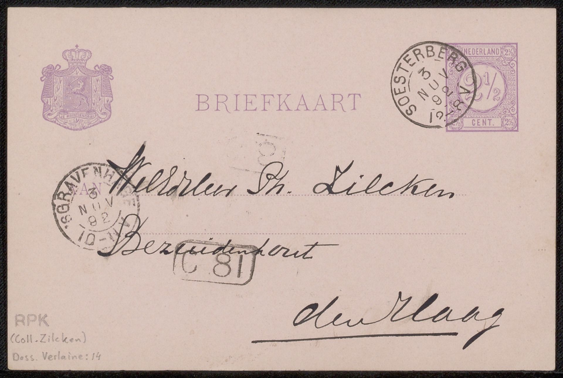 Briefkaart aan Philip Zilcken by A. de Graaf