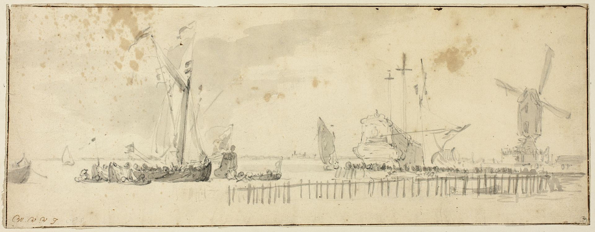 Sailing Ships in Harbor near Windmill by Willem van de Velde II