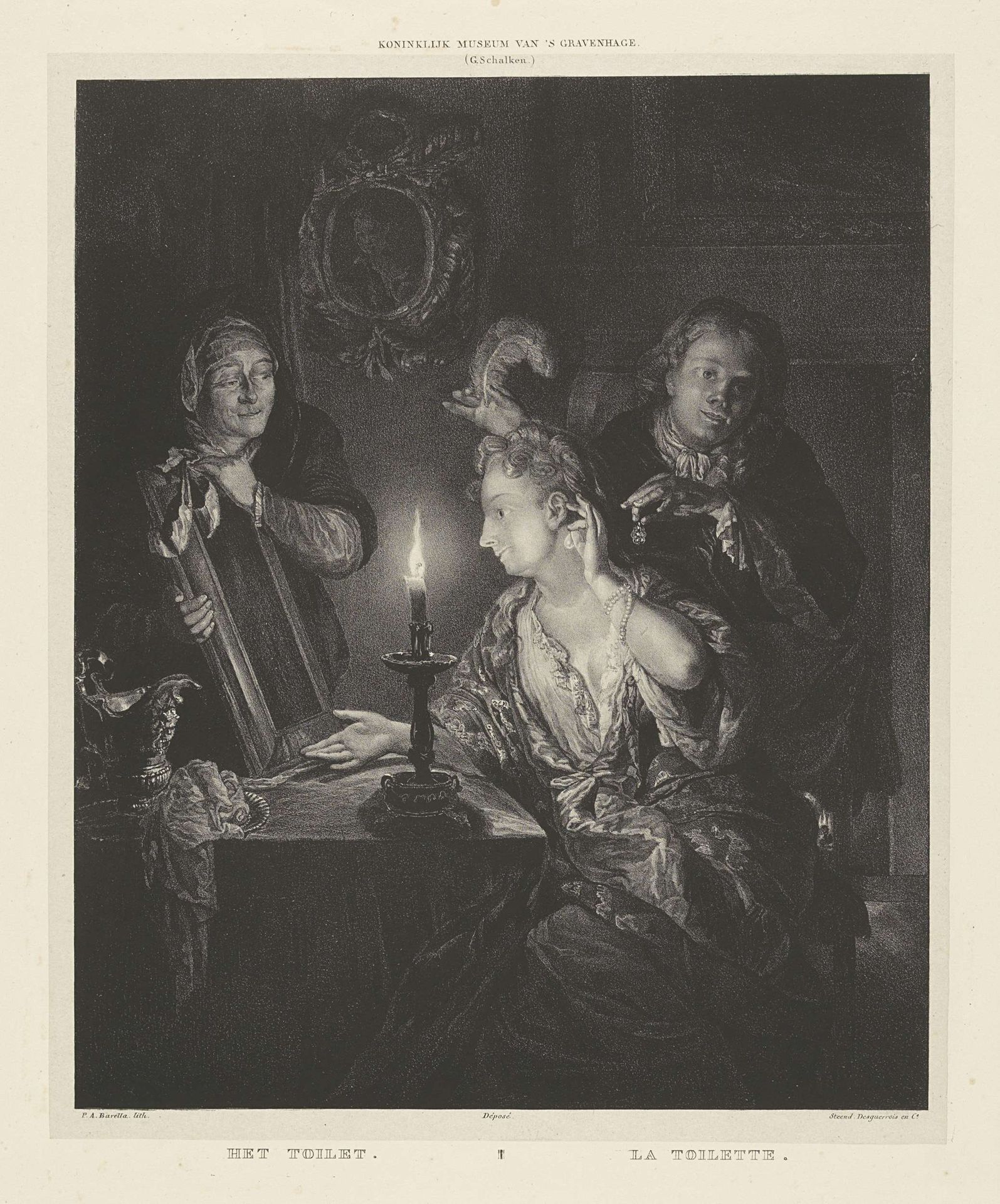 Dame voor de spiegel bij kaarslicht by Petrus Augustus Beretta