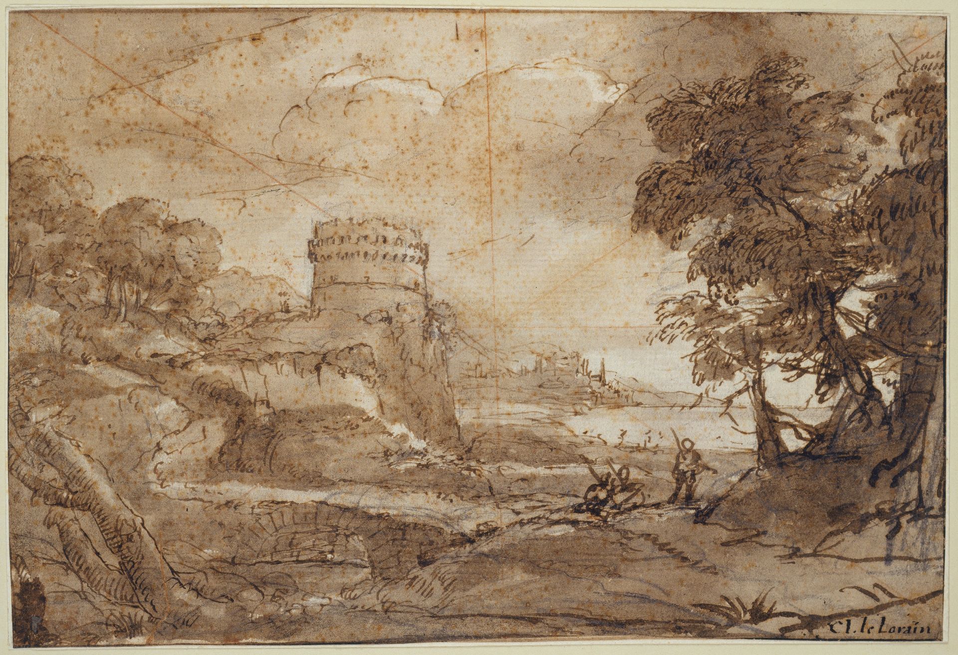 Landscape with a Round Tower and Bay by Claude Lorrain