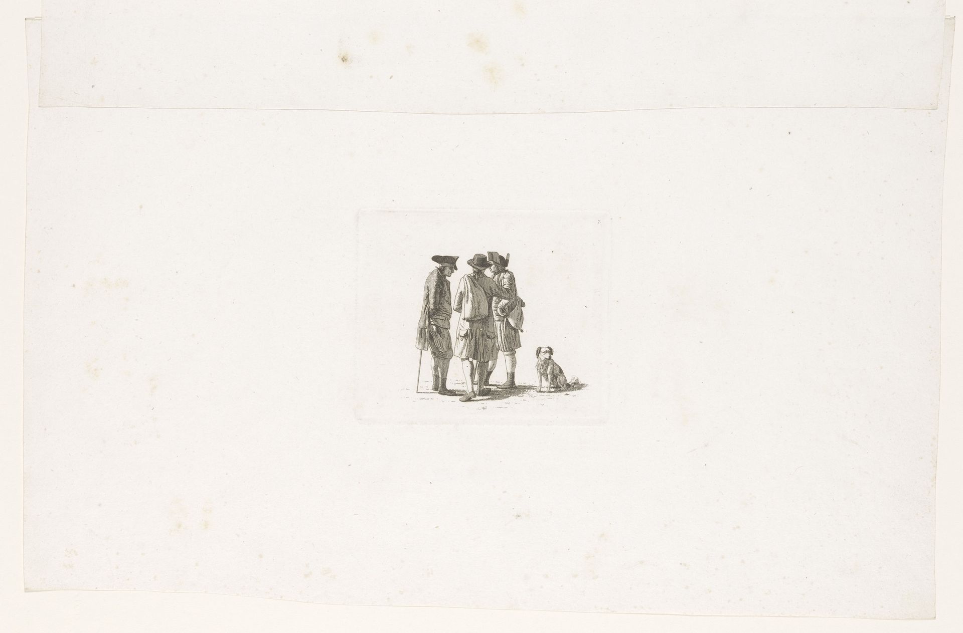 Drie staande mannen en een hond by Johan Jakob Biedermann