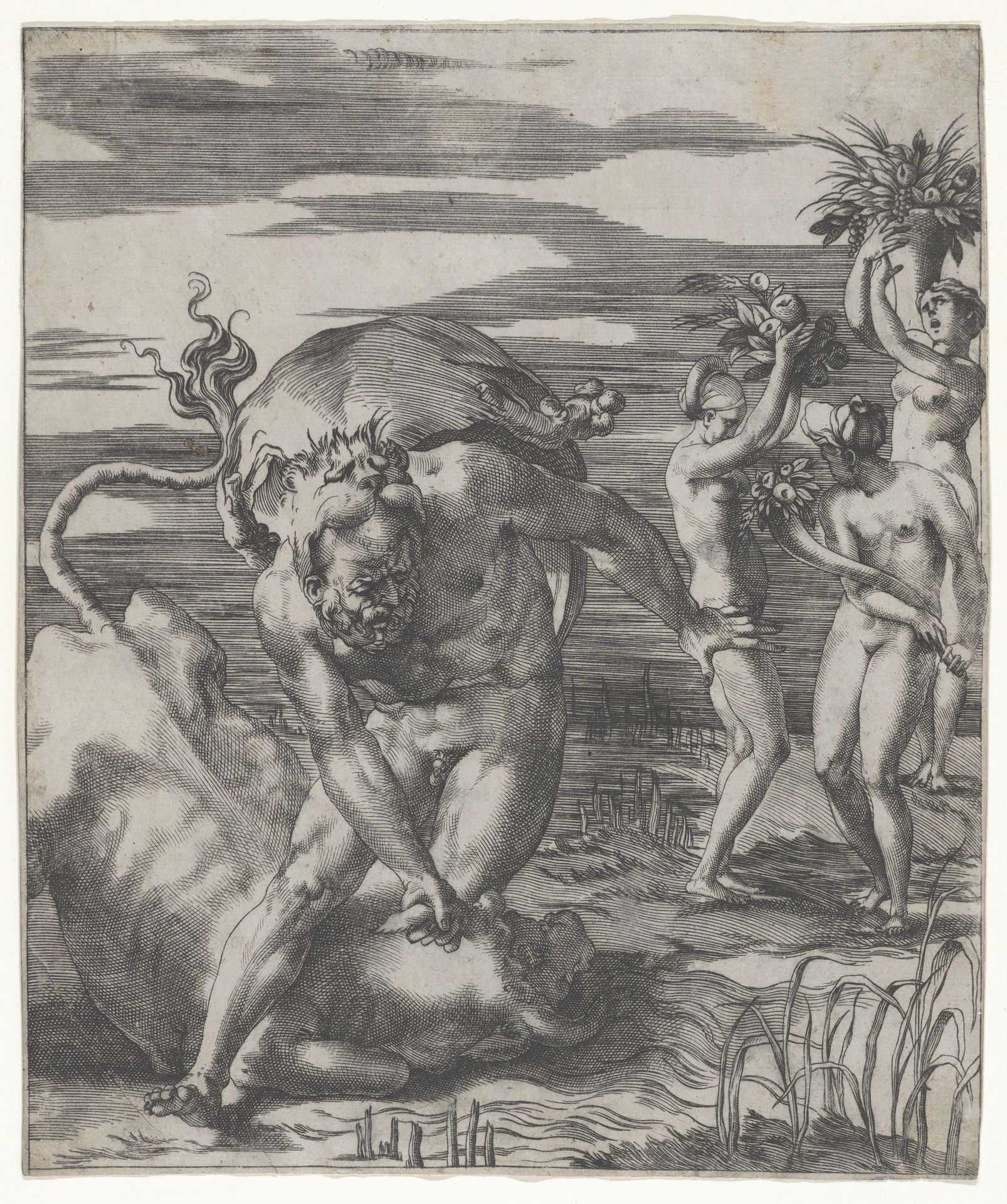 Hercules defeating the river god Acheolus in the form of a bull, with three women to his left holding cornucopias, from "Herculean Subjects" by Giovanni Jacopo Caraglio