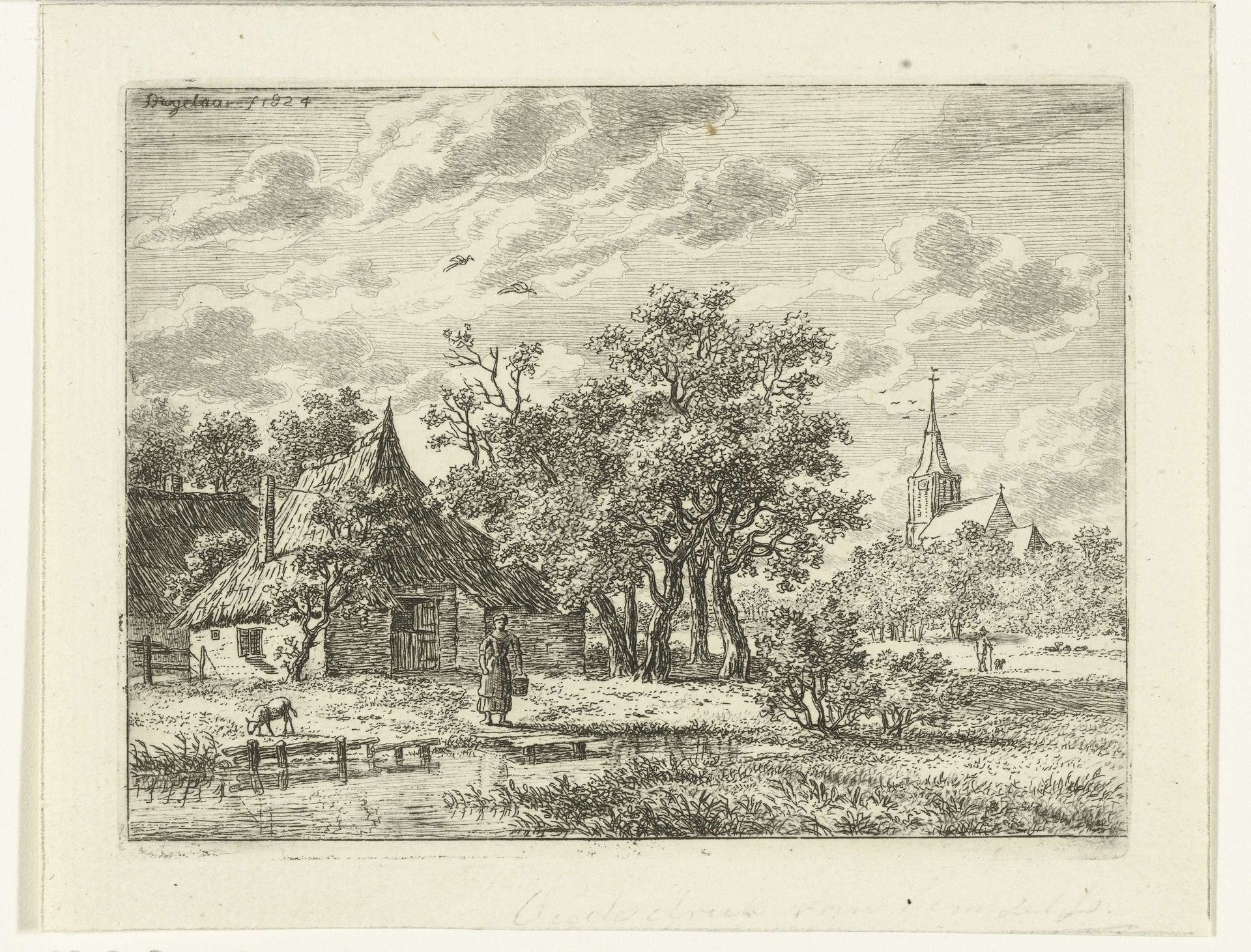 Dorpsgezicht met maagd die water uit de sloot haalt by Ernst Willem Jan Bagelaar