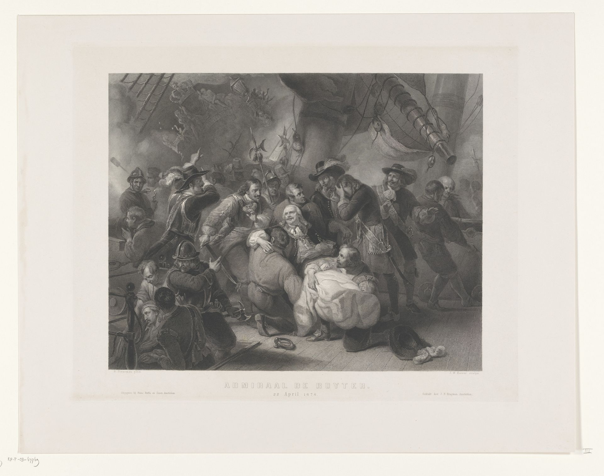 Admiraal Michiel de Ruyter raakt tijdens de zeeslag bij Agosta dodelijk gewond, 1676 by Johann Wilhelm (I) Kaiser