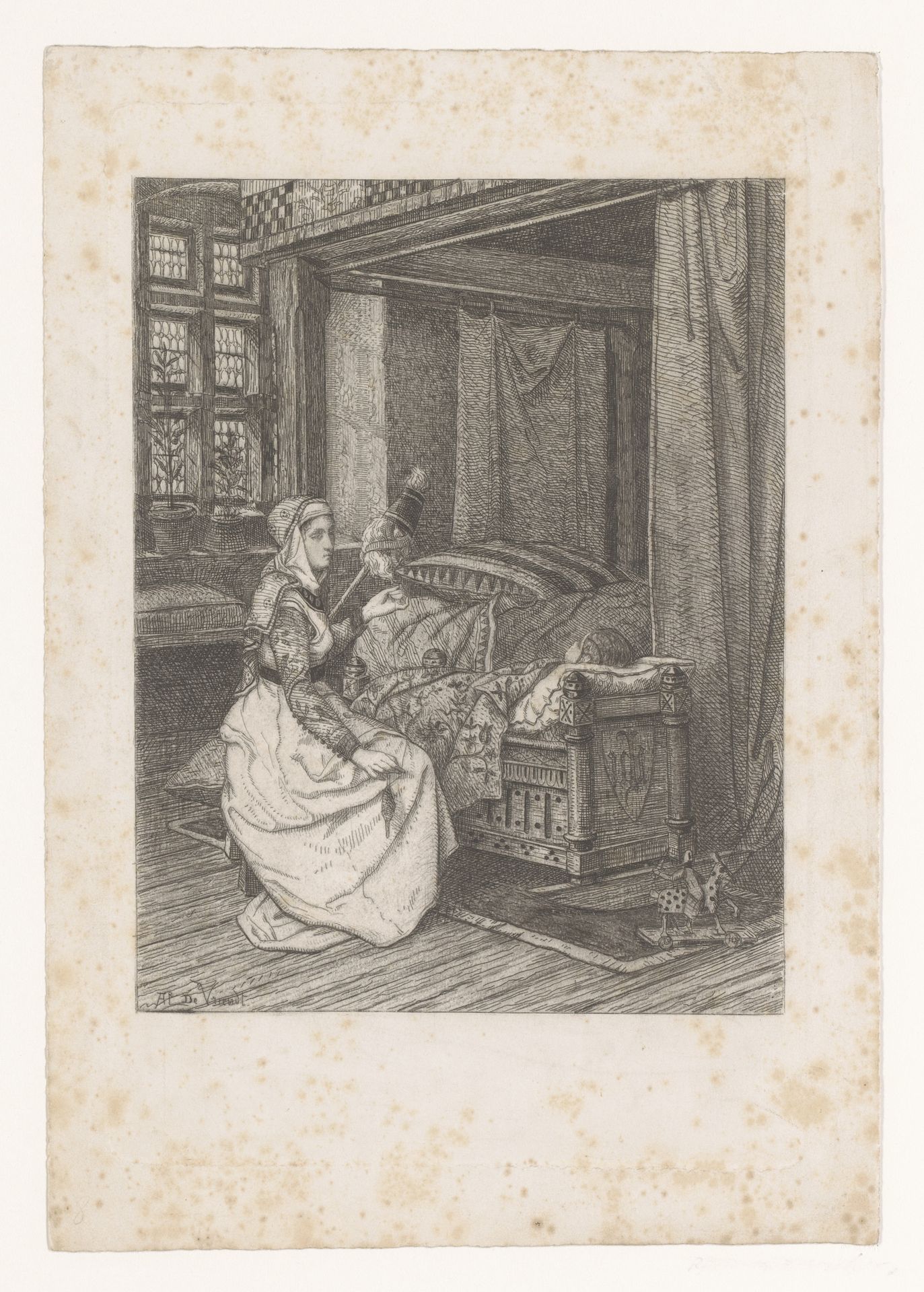Vrouw spint wol bij een wieg by Albrecht de Vriendt